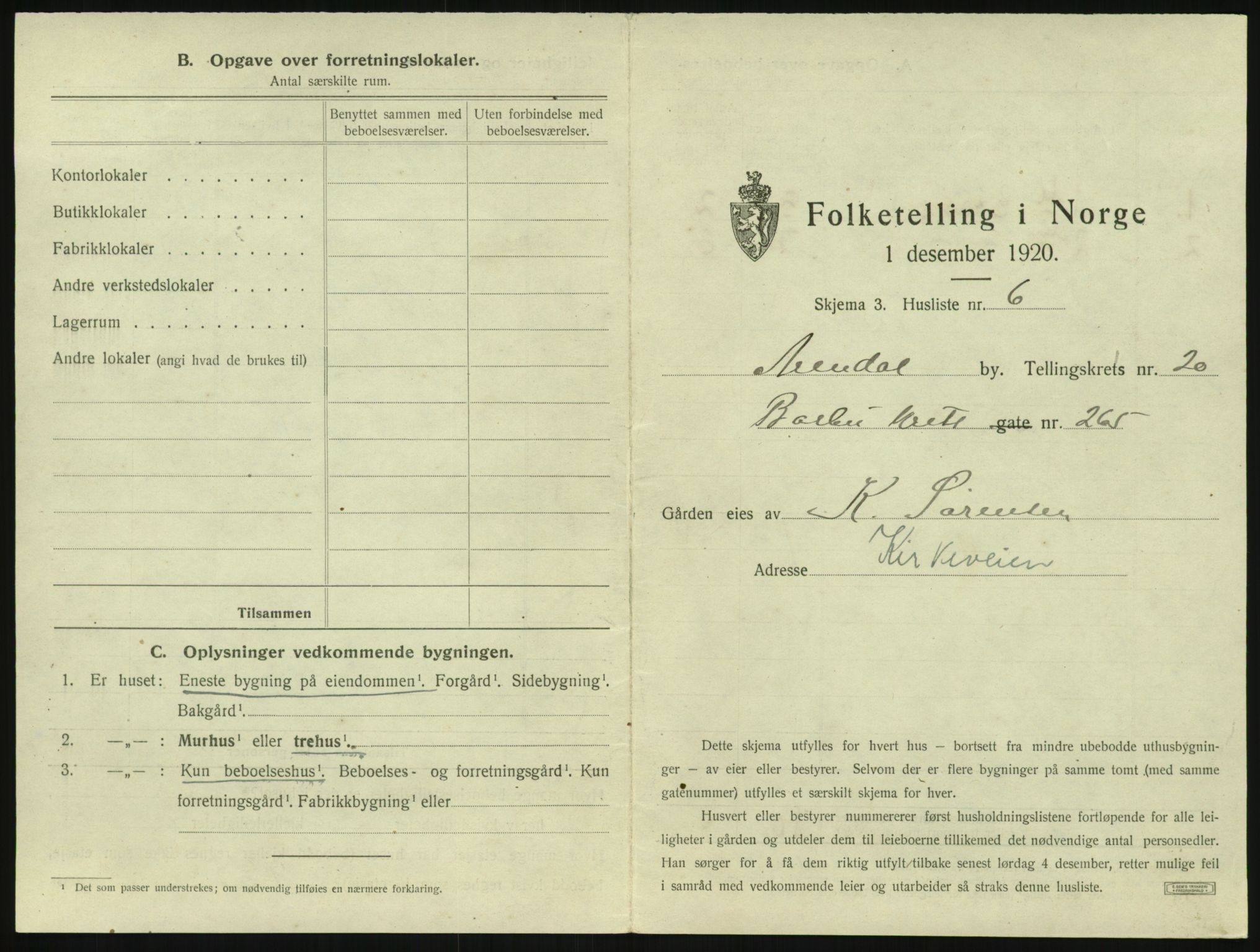 SAK, 1920 census for Arendal, 1920, p. 3112