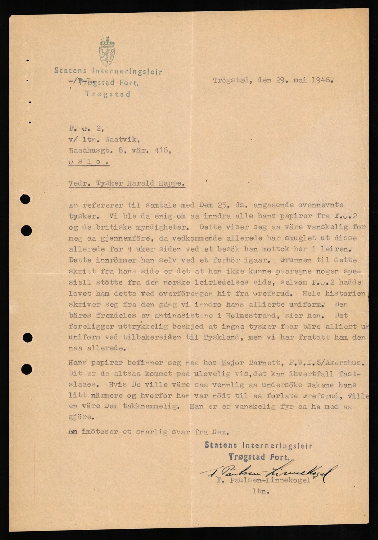 Forsvaret, Forsvarets overkommando II, AV/RA-RAFA-3915/D/Db/L0012: CI Questionaires. Tyske okkupasjonsstyrker i Norge. Tyskere., 1945-1946, p. 12