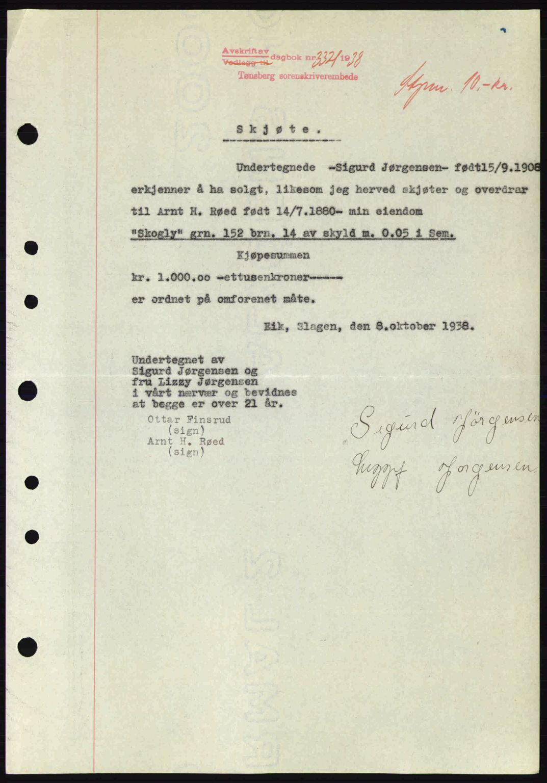 Jarlsberg sorenskriveri, SAKO/A-131/G/Ga/Gaa/L0006: Mortgage book no. A-6, 1938-1939, Diary no: : 3321/1938