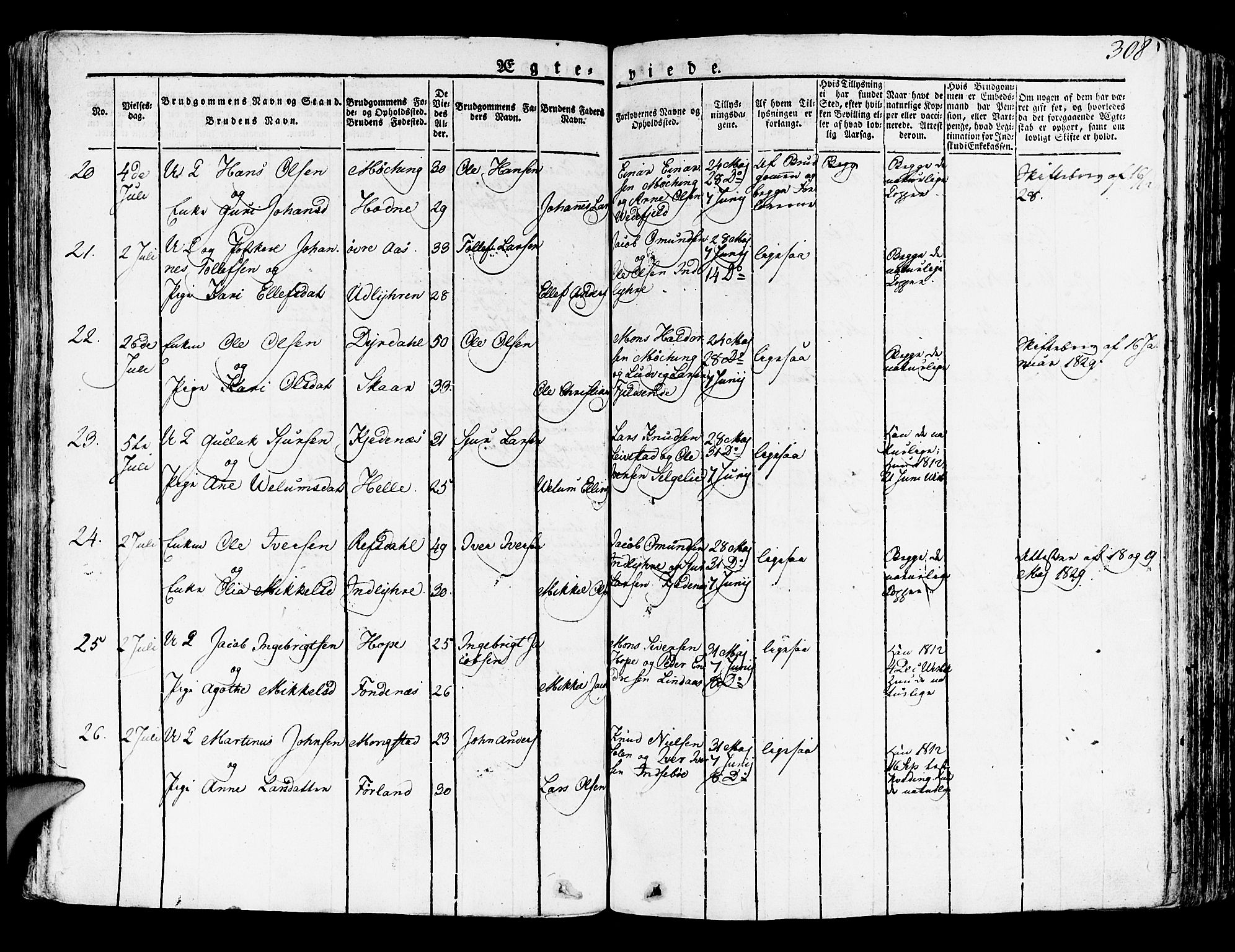 Lindås Sokneprestembete, AV/SAB-A-76701/H/Haa/Haaa/L0008: Parish register (official) no. A 8, 1823-1836, p. 308