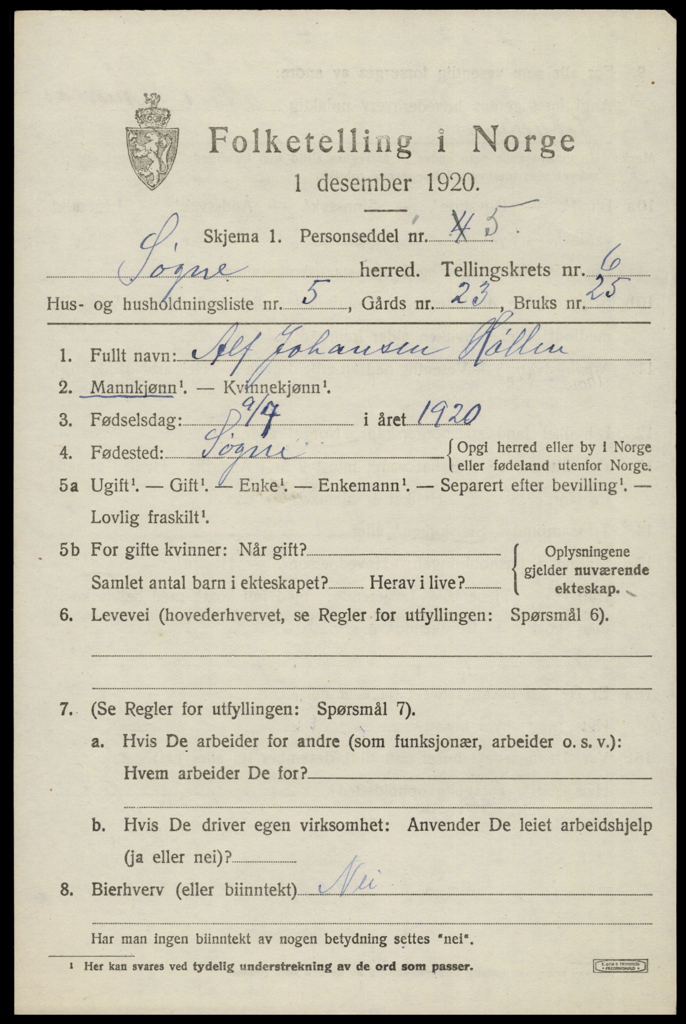 SAK, 1920 census for Søgne, 1920, p. 2793