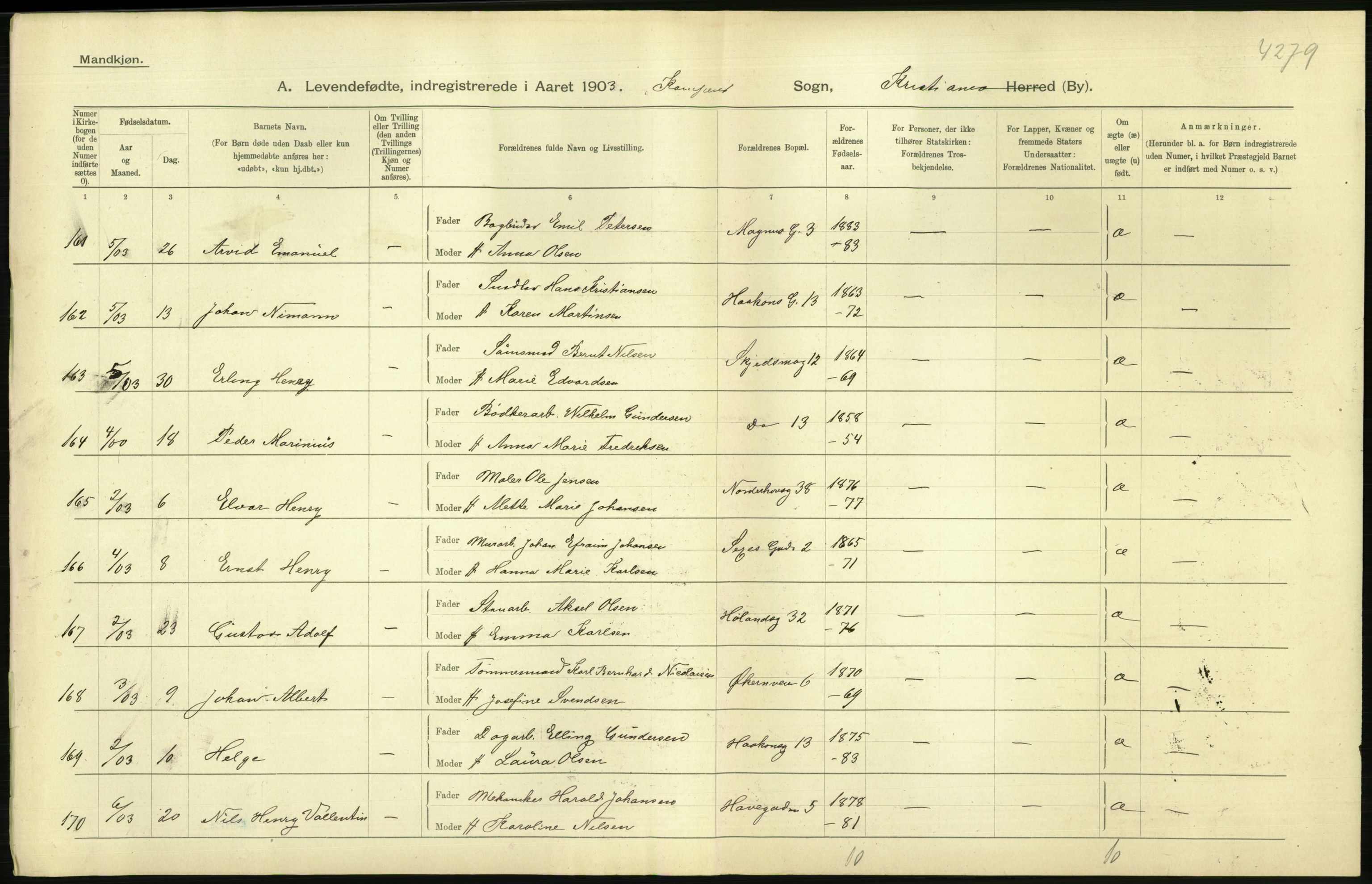 Statistisk sentralbyrå, Sosiodemografiske emner, Befolkning, AV/RA-S-2228/D/Df/Dfa/Dfaa/L0003: Kristiania: Fødte, 1903, p. 178