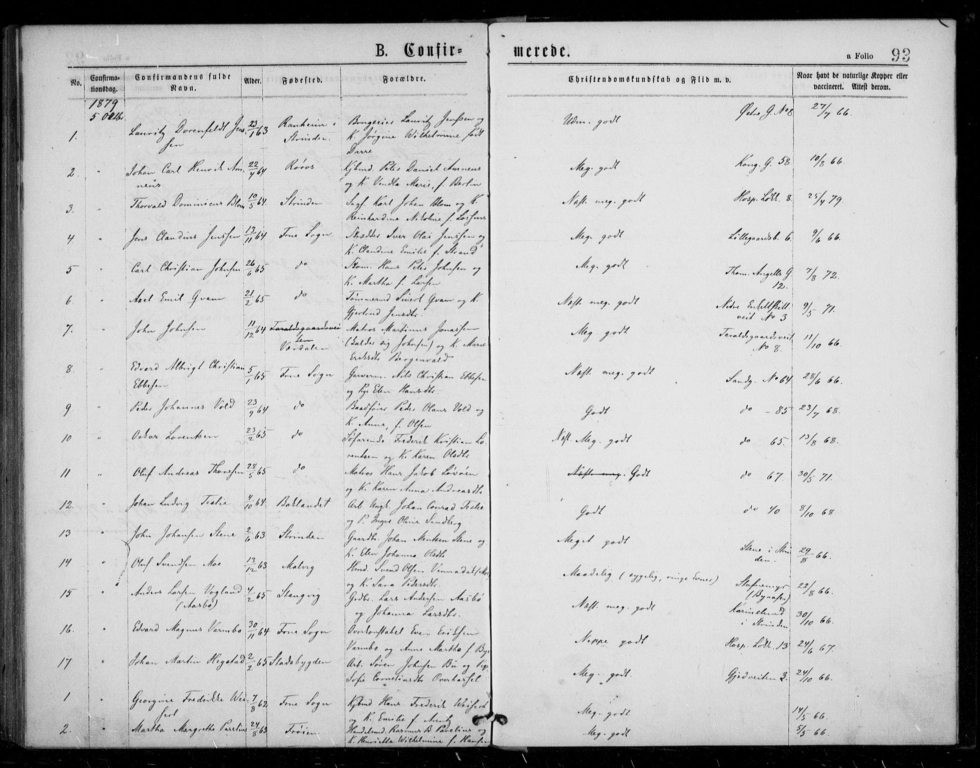 Ministerialprotokoller, klokkerbøker og fødselsregistre - Sør-Trøndelag, AV/SAT-A-1456/602/L0121: Parish register (official) no. 602A19, 1872-1879, p. 93