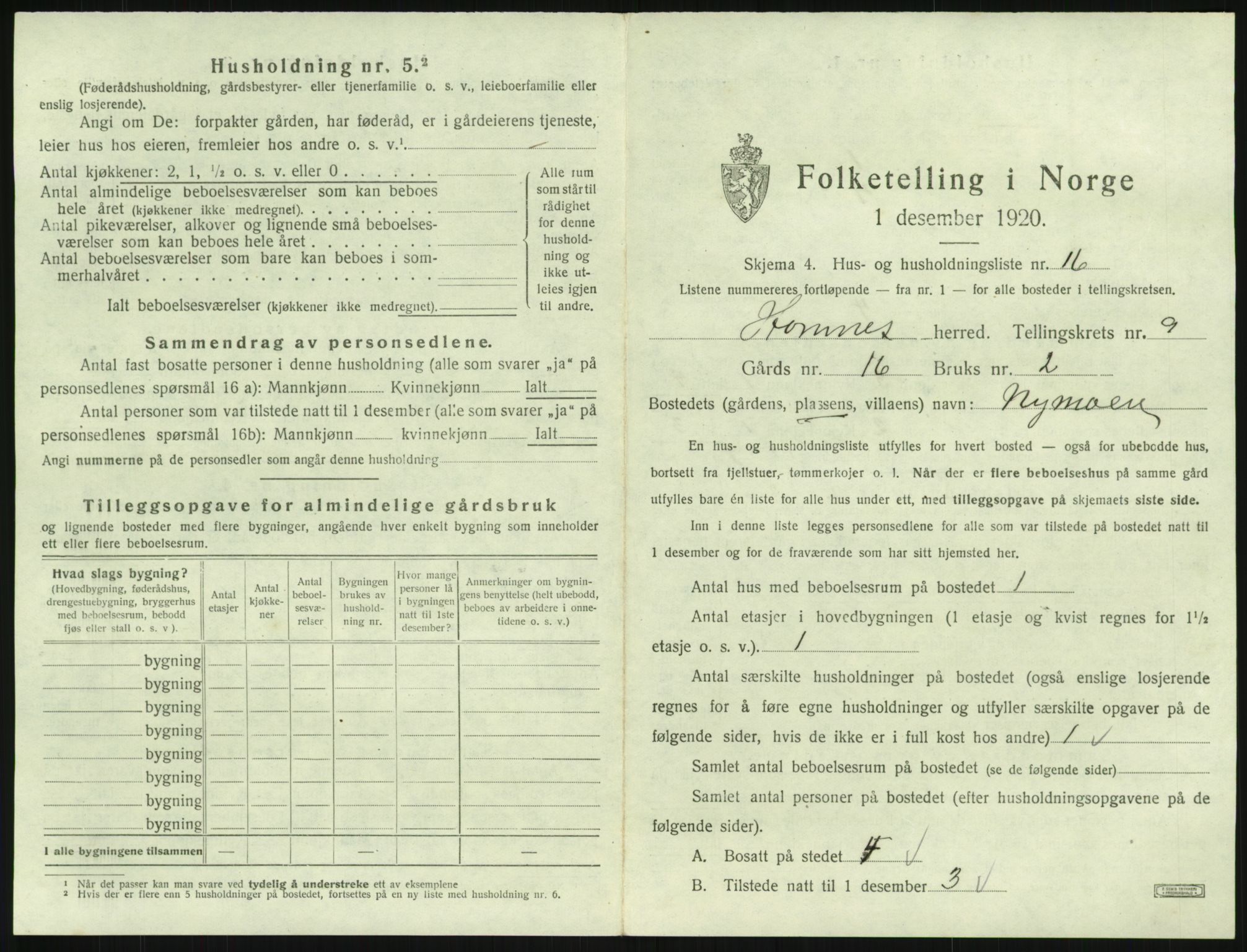 SAK, 1920 census for Hornnes, 1920, p. 381