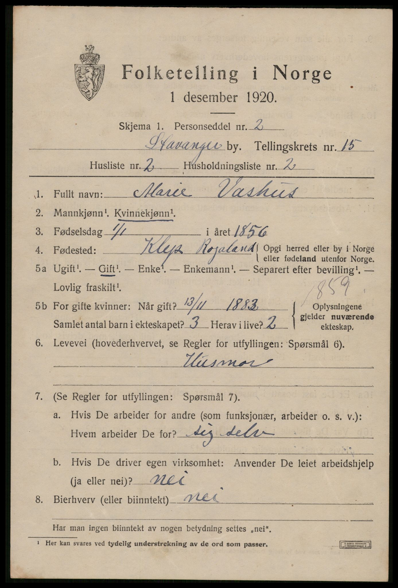 SAST, 1920 census for Stavanger, 1920, p. 61458