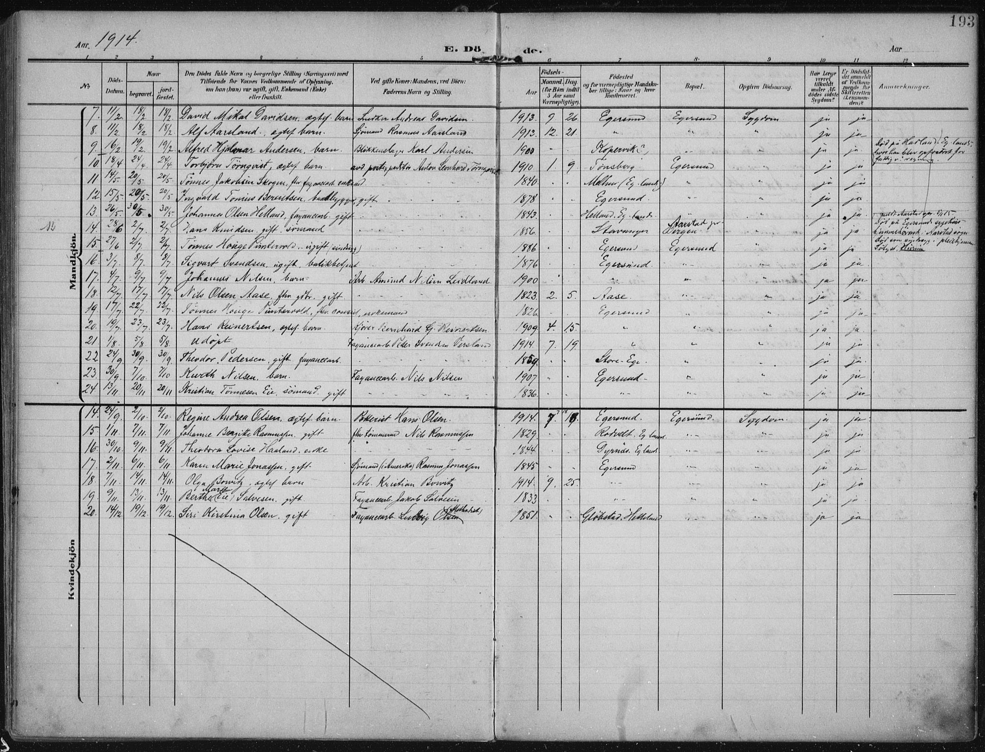 Eigersund sokneprestkontor, AV/SAST-A-101807/S08/L0022: Parish register (official) no. A 21, 1905-1928, p. 193