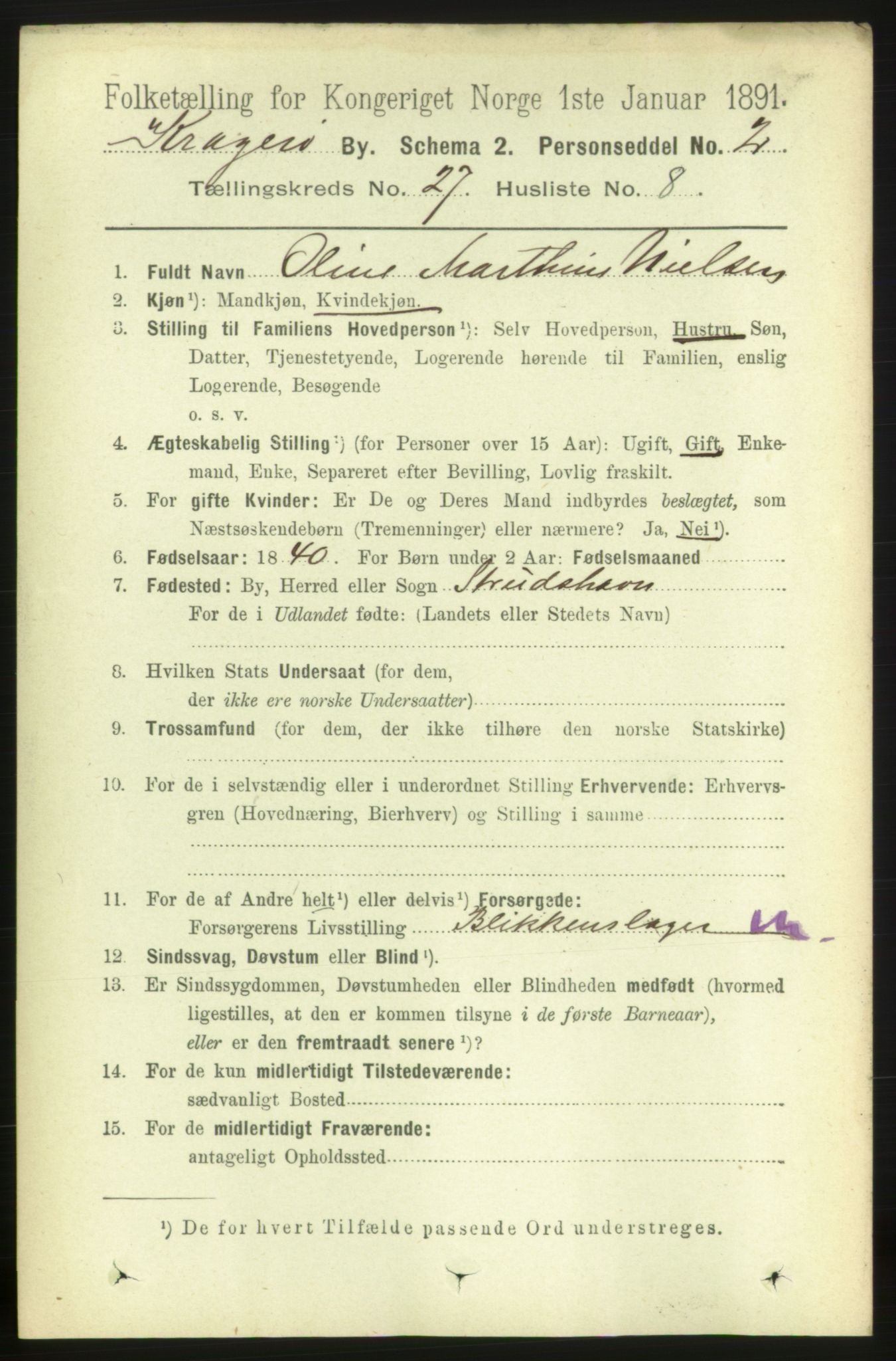 RA, 1891 census for 0801 Kragerø, 1891, p. 5331