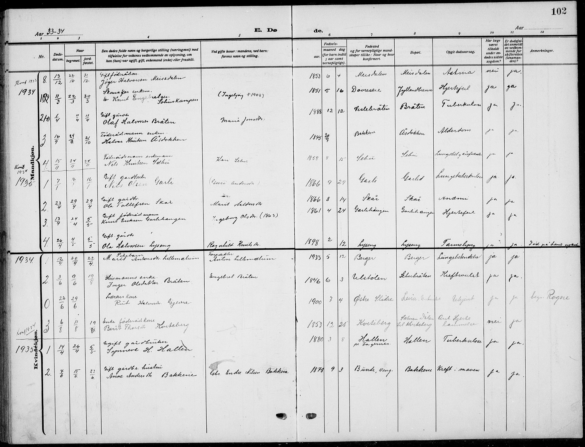 Nord-Aurdal prestekontor, SAH/PREST-132/H/Ha/Hab/L0015: Parish register (copy) no. 15, 1918-1935, p. 102