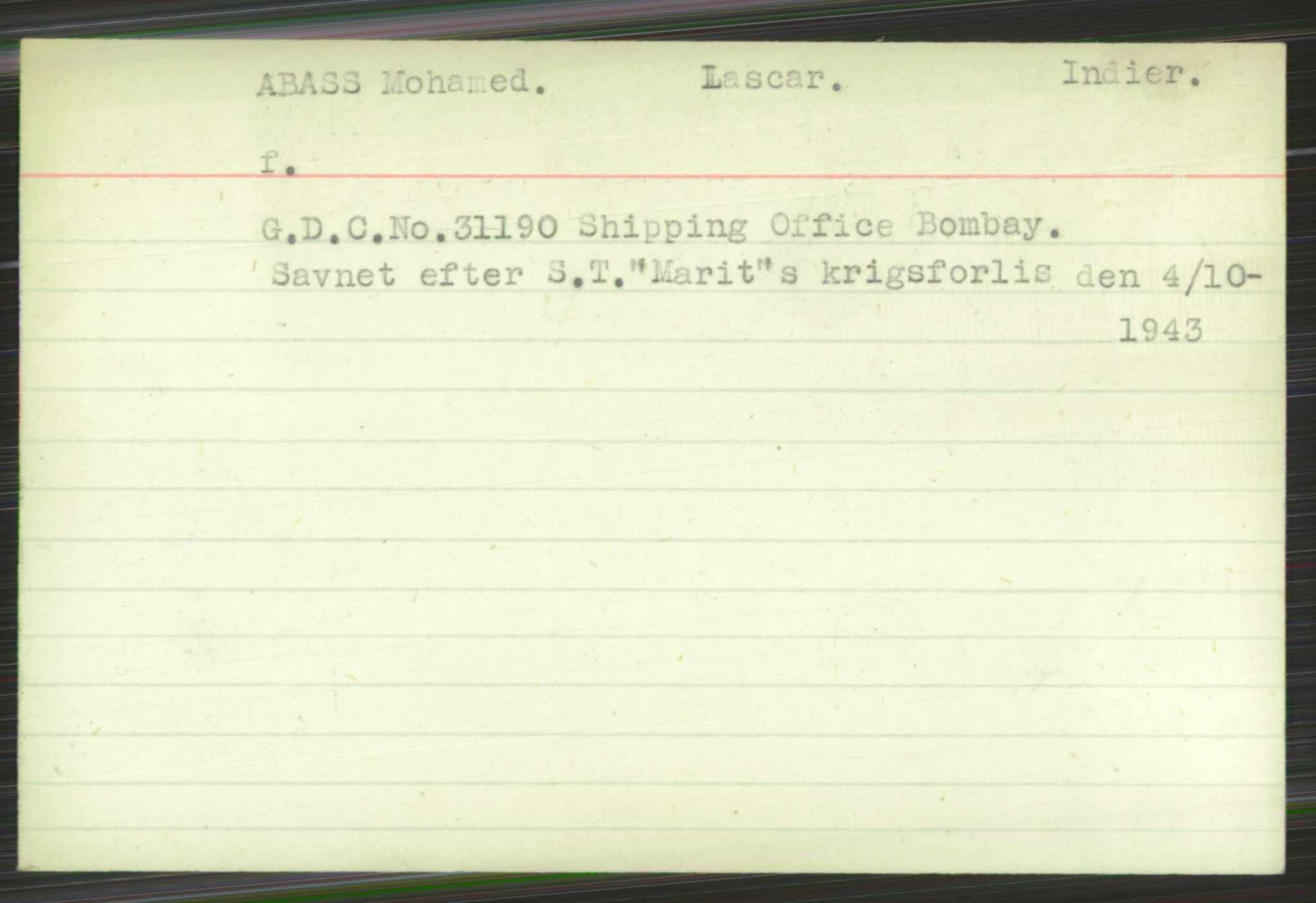 Nortraship, Register for savnede sjømenn m.v., AV/RA-S-2166/F/Fb/L0001: Alfabetisk register, 1940-1945