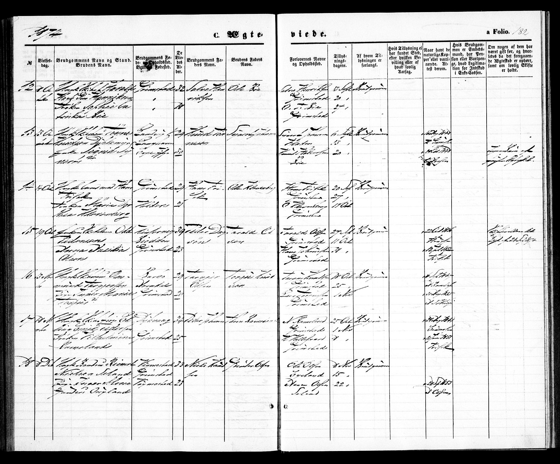 Grimstad sokneprestkontor, AV/SAK-1111-0017/F/Fa/L0002: Parish register (official) no. A 1, 1869-1881, p. 182