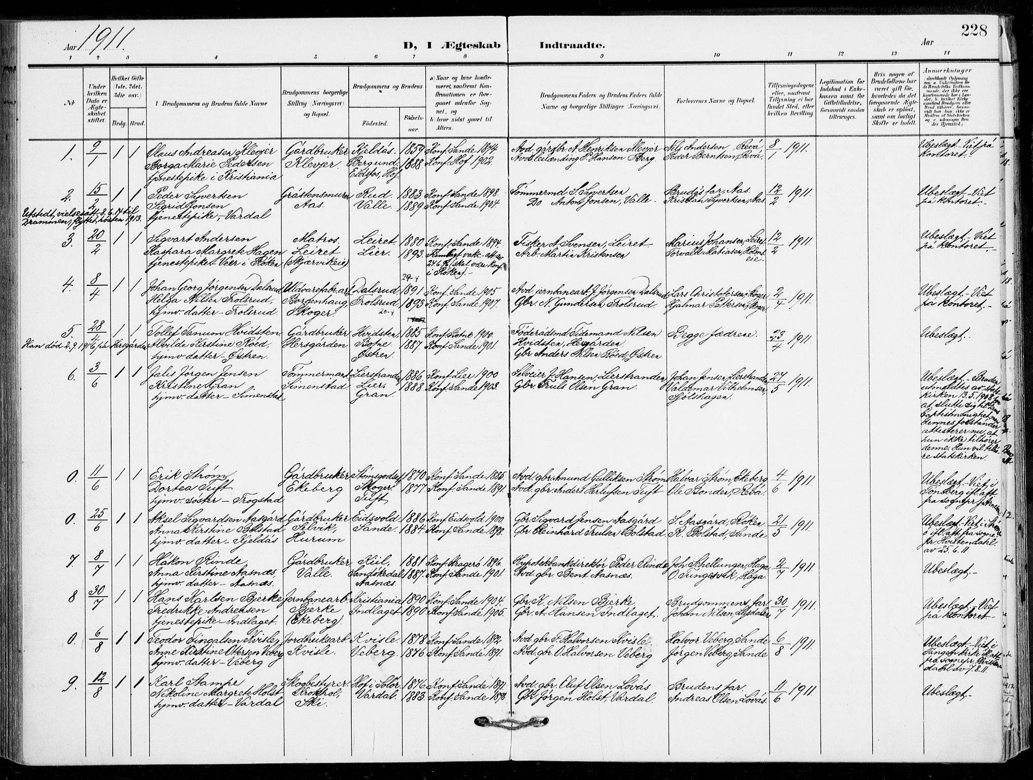 Sande Kirkebøker, SAKO/A-53/F/Fa/L0008: Parish register (official) no. 8, 1904-1921, p. 228