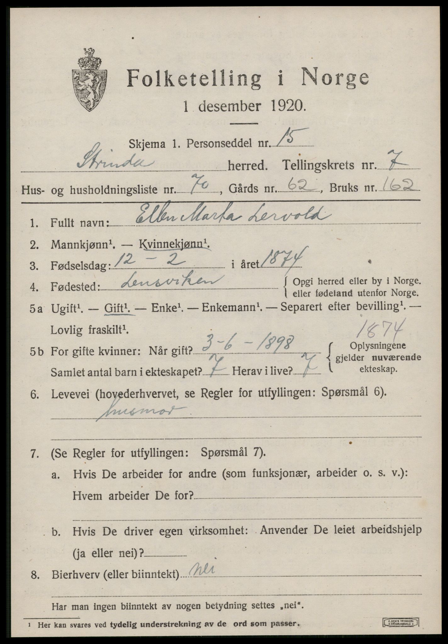 SAT, 1920 census for Strinda, 1920, p. 19464