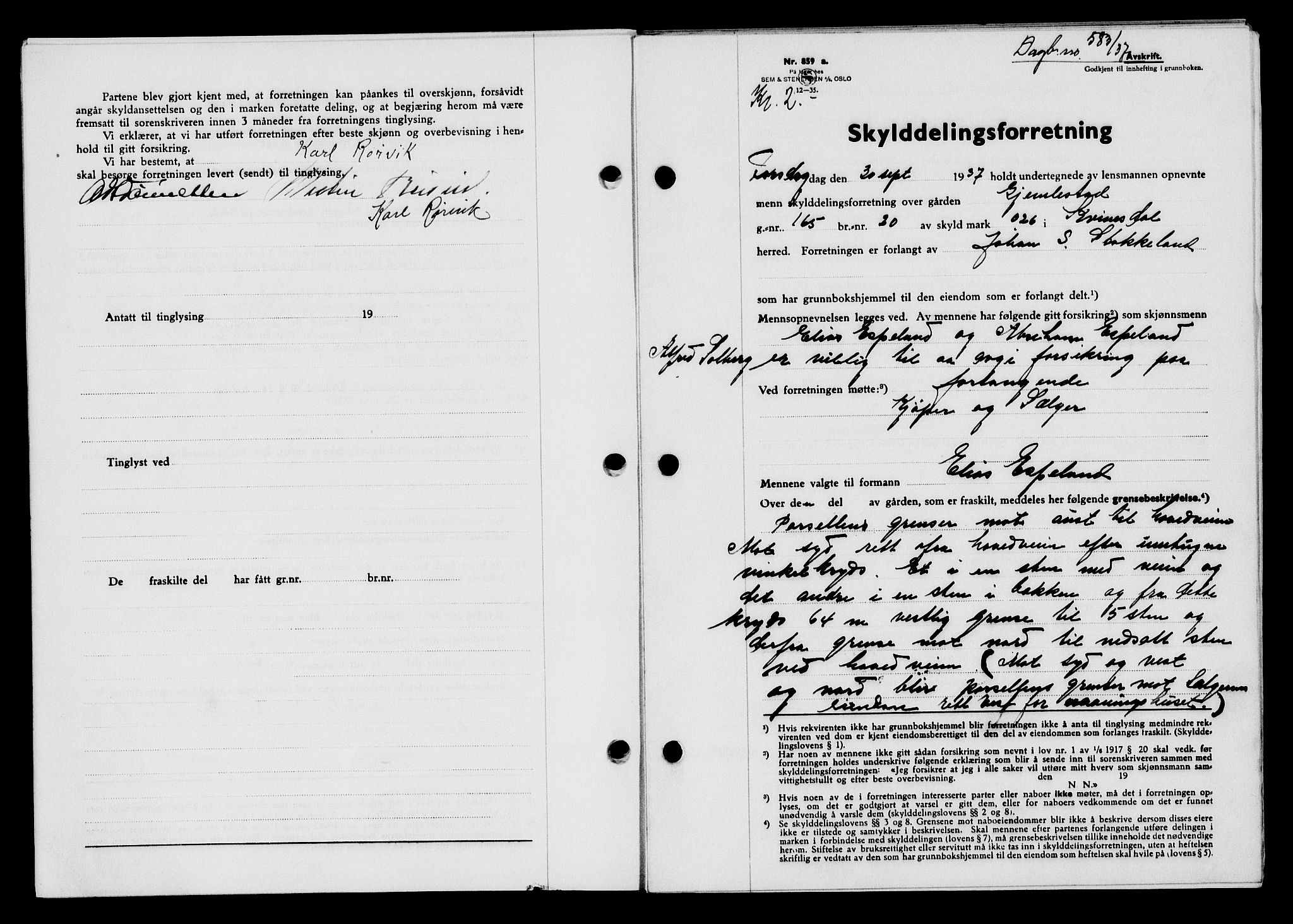 Flekkefjord sorenskriveri, AV/SAK-1221-0001/G/Gb/Gba/L0054: Mortgage book no. A-2, 1937-1938, Diary no: : 583/1937