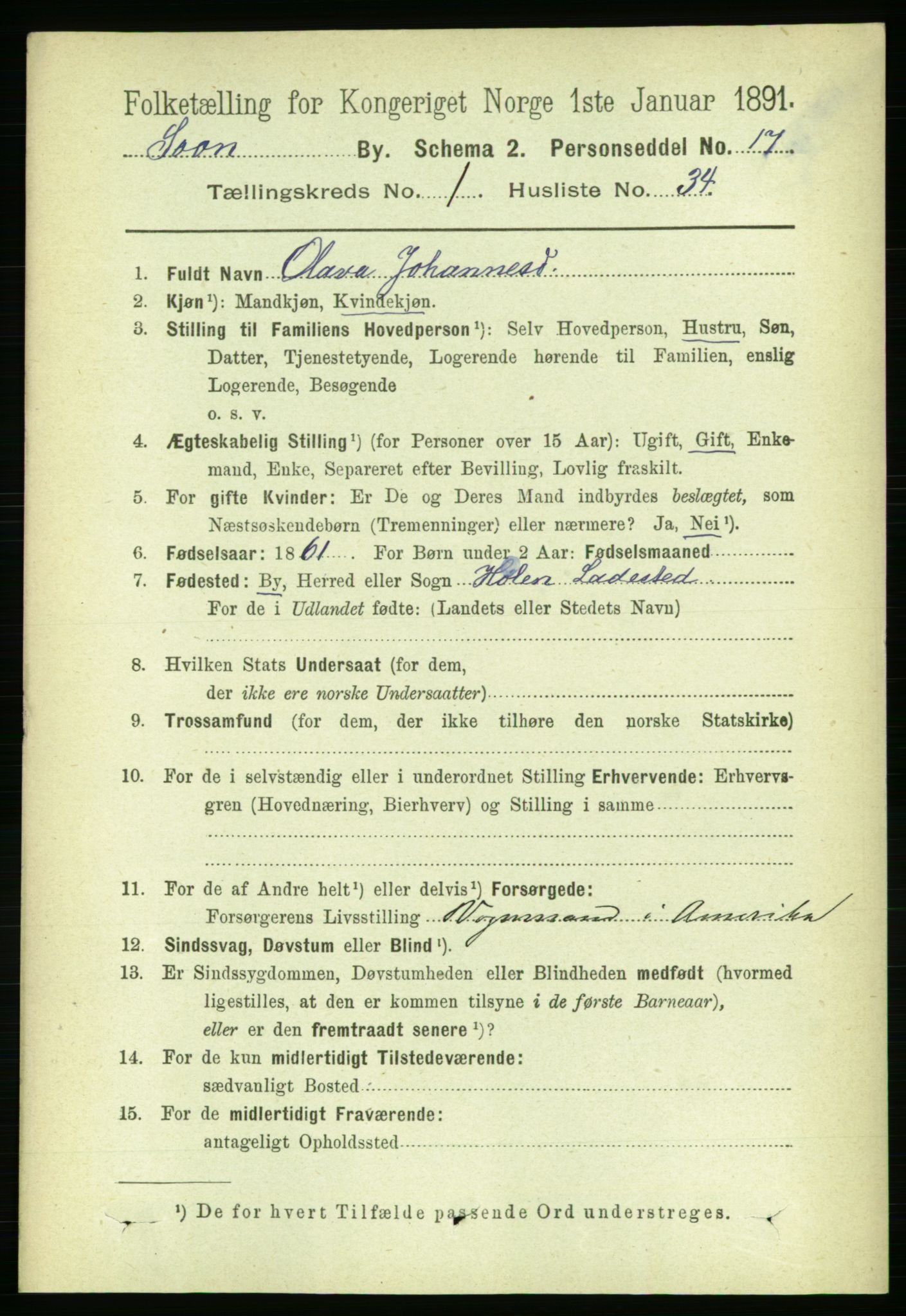 RA, 1891 census for 0201 Son, 1891, p. 319