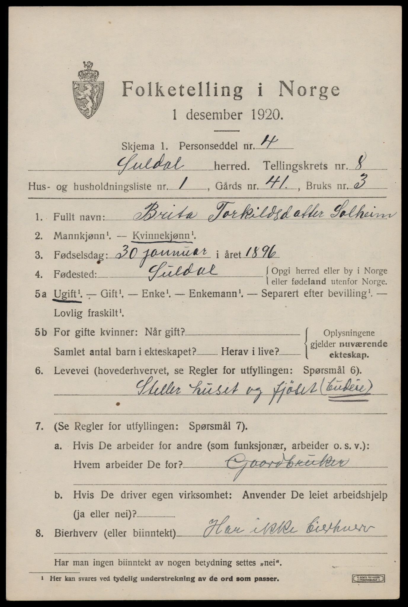 SAST, 1920 census for Suldal, 1920, p. 1856