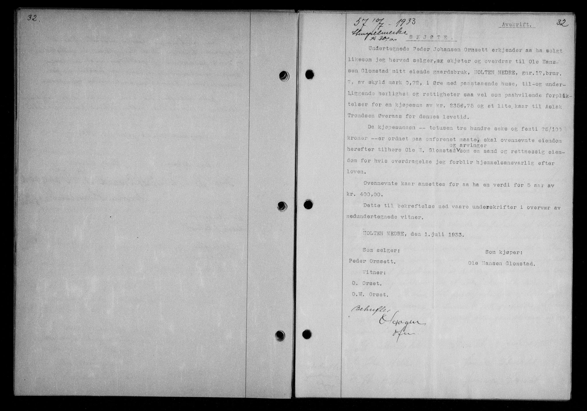 Nordmøre sorenskriveri, AV/SAT-A-4132/1/2/2Ca/L0079: Mortgage book no. 69, 1933-1933, Deed date: 10.07.1933