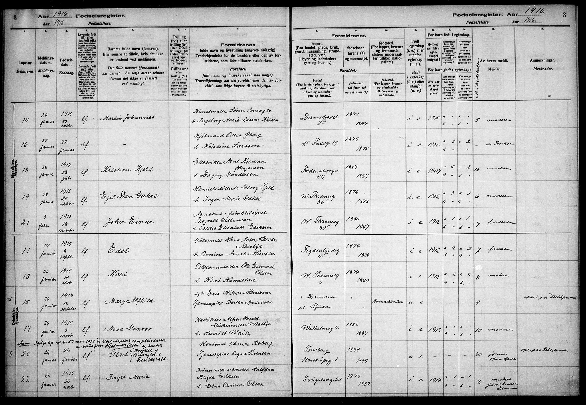 Gamle Aker prestekontor Kirkebøker, SAO/A-10617a/J/L0001: Birth register no. 1, 1916-1927, p. 3