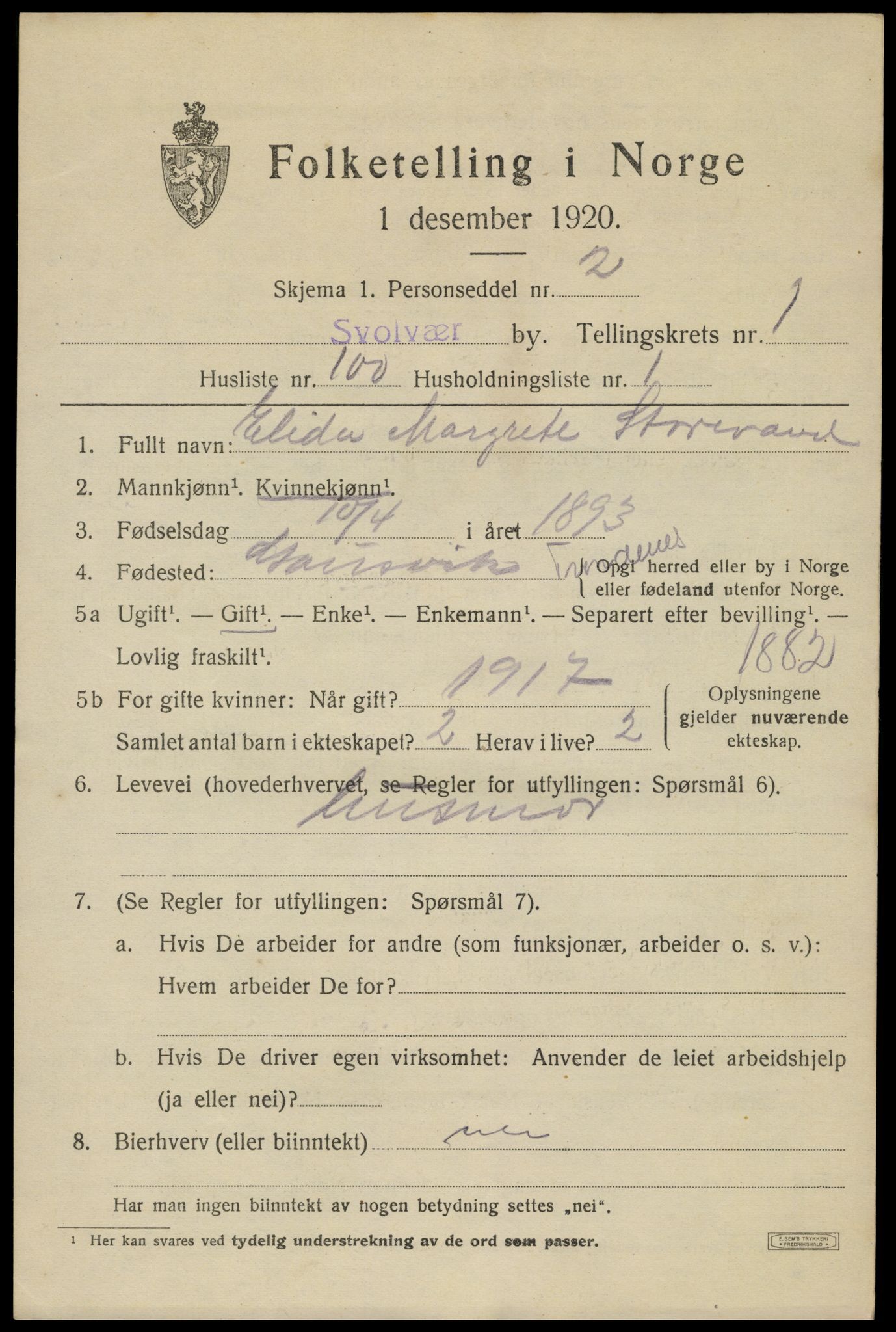 SAT, 1920 census for Svolvær, 1920, p. 3140