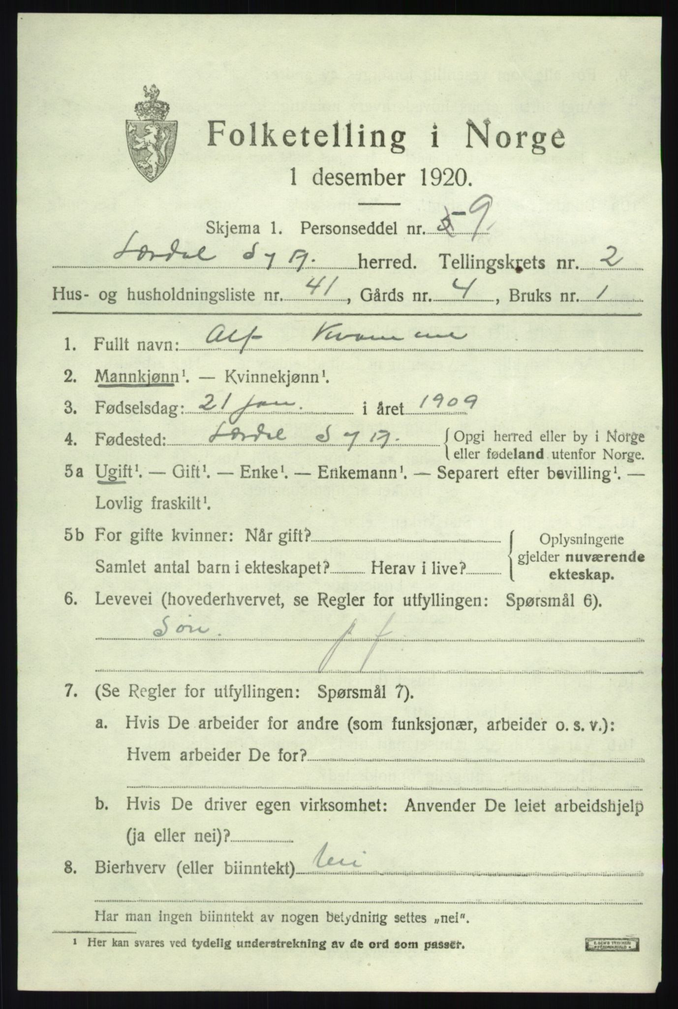 SAB, 1920 census for Lærdal, 1920, p. 1756