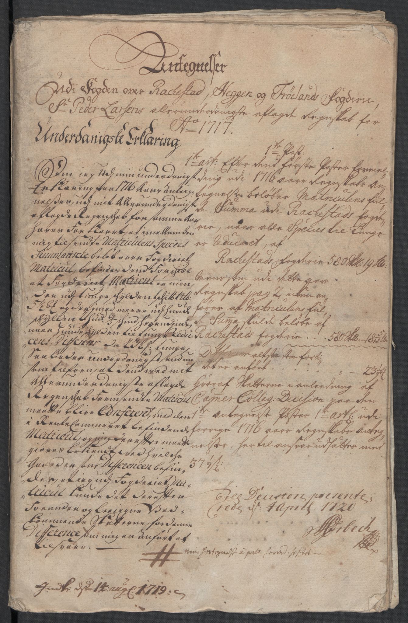 Rentekammeret inntil 1814, Reviderte regnskaper, Fogderegnskap, AV/RA-EA-4092/R07/L0314: Fogderegnskap Rakkestad, Heggen og Frøland, 1718, p. 4