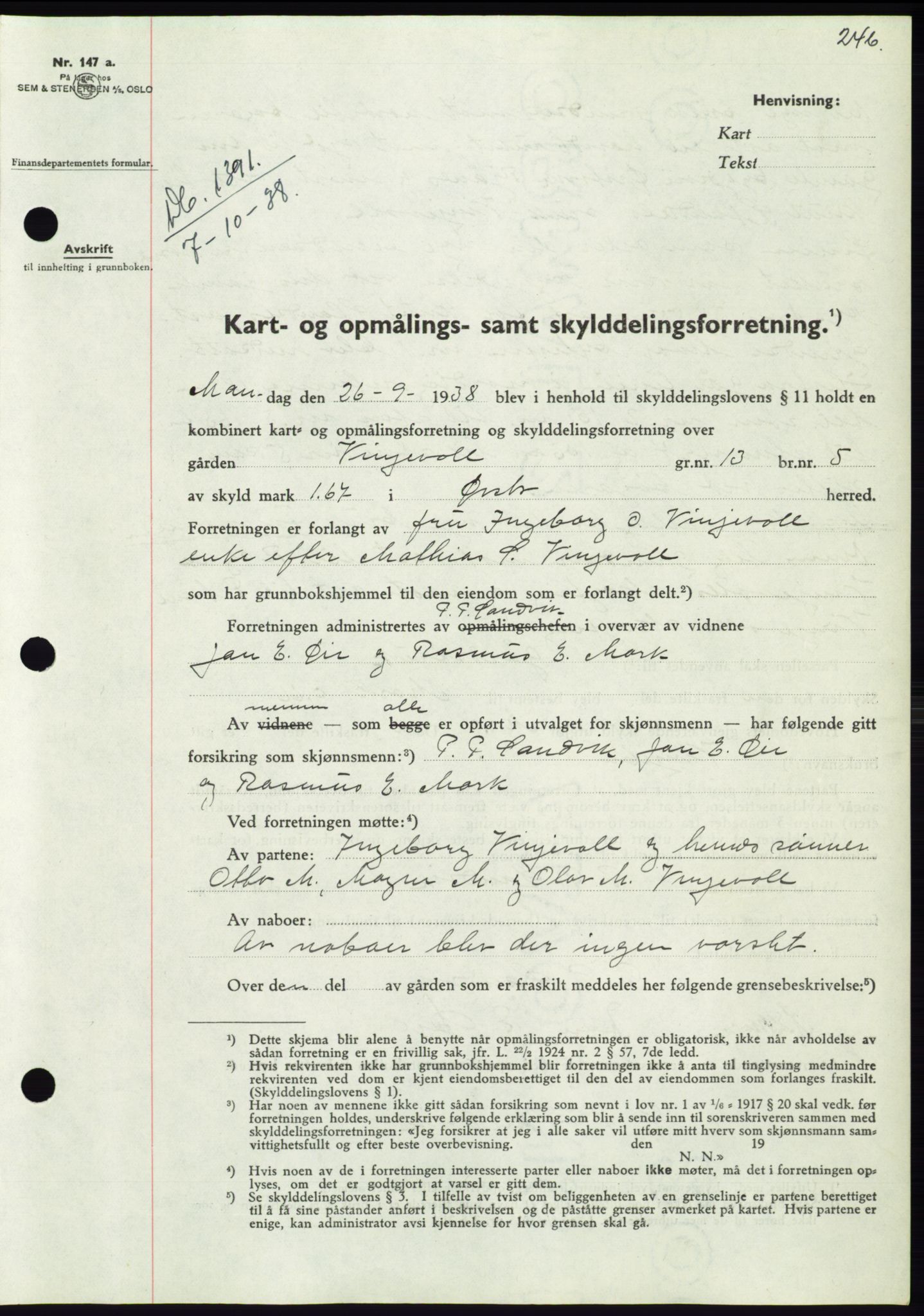 Søre Sunnmøre sorenskriveri, AV/SAT-A-4122/1/2/2C/L0066: Mortgage book no. 60, 1938-1938, Diary no: : 1391/1938