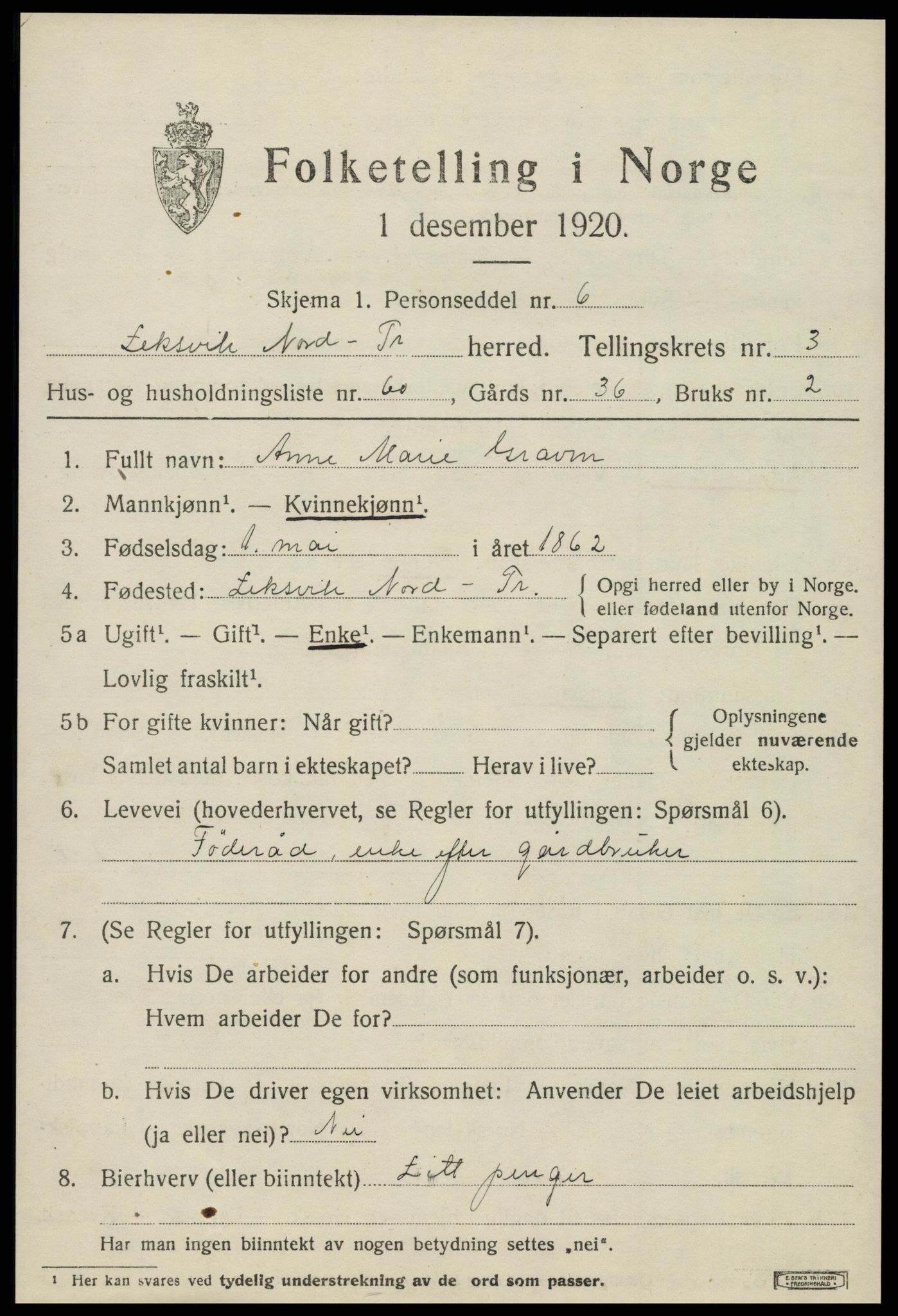 SAT, 1920 census for Leksvik, 1920, p. 3498