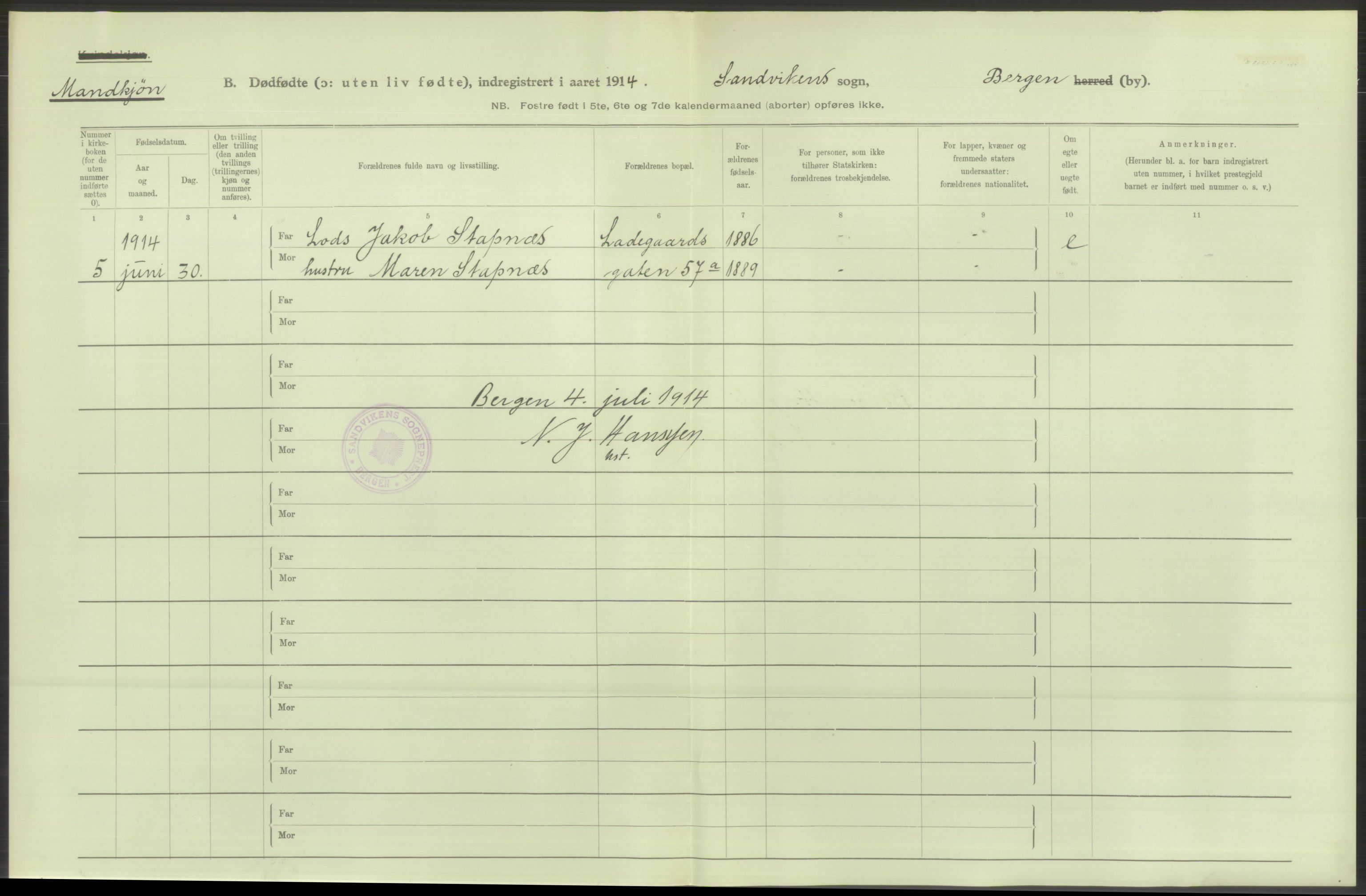 Statistisk sentralbyrå, Sosiodemografiske emner, Befolkning, RA/S-2228/D/Df/Dfb/Dfbd/L0031: Bergen: Gifte, døde, dødfødte., 1914, p. 382