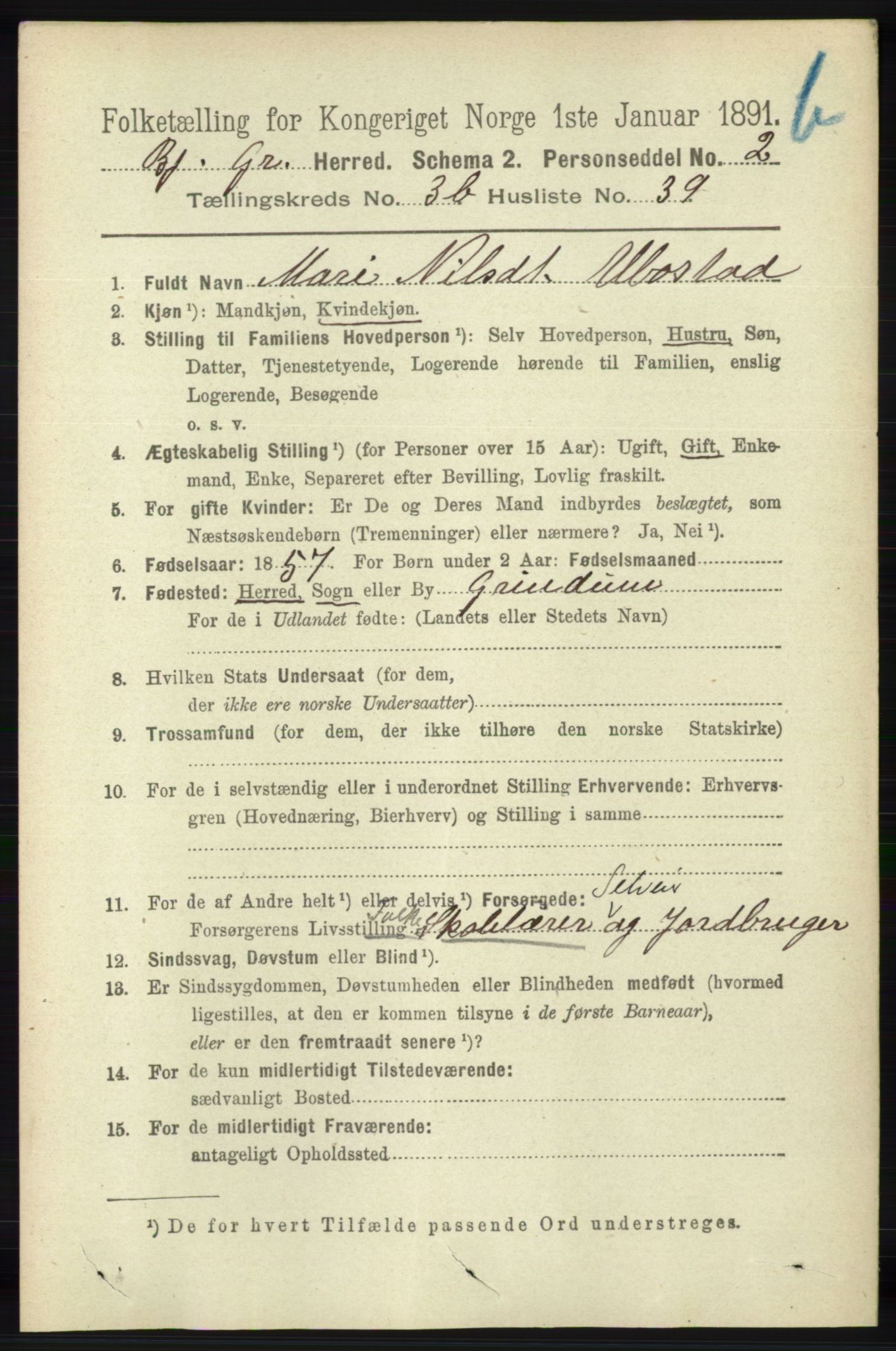 RA, 1891 census for 1024 Bjelland og Grindheim, 1891, p. 2017