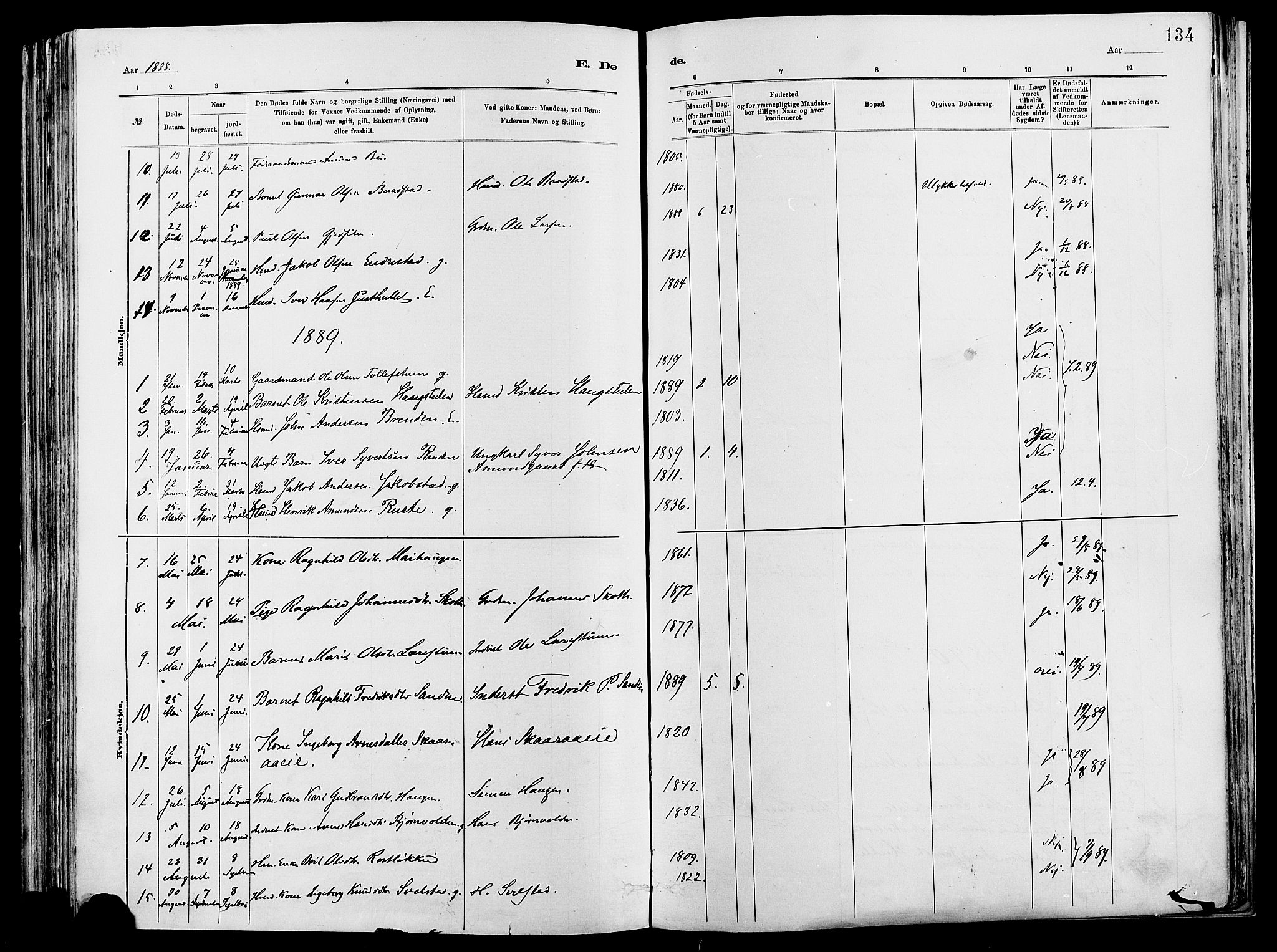 Vågå prestekontor, SAH/PREST-076/H/Ha/Haa/L0008: Parish register (official) no. 8, 1886-1904, p. 134