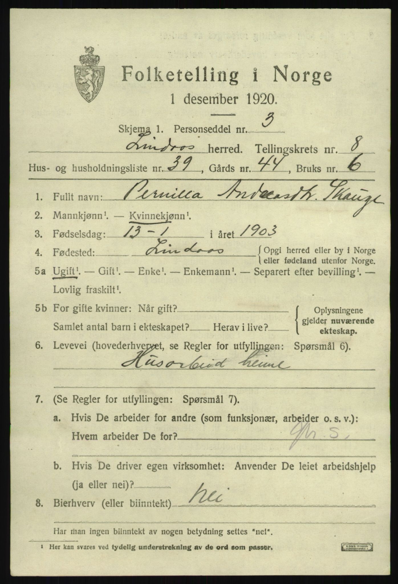 SAB, 1920 census for Lindås, 1920, p. 4771