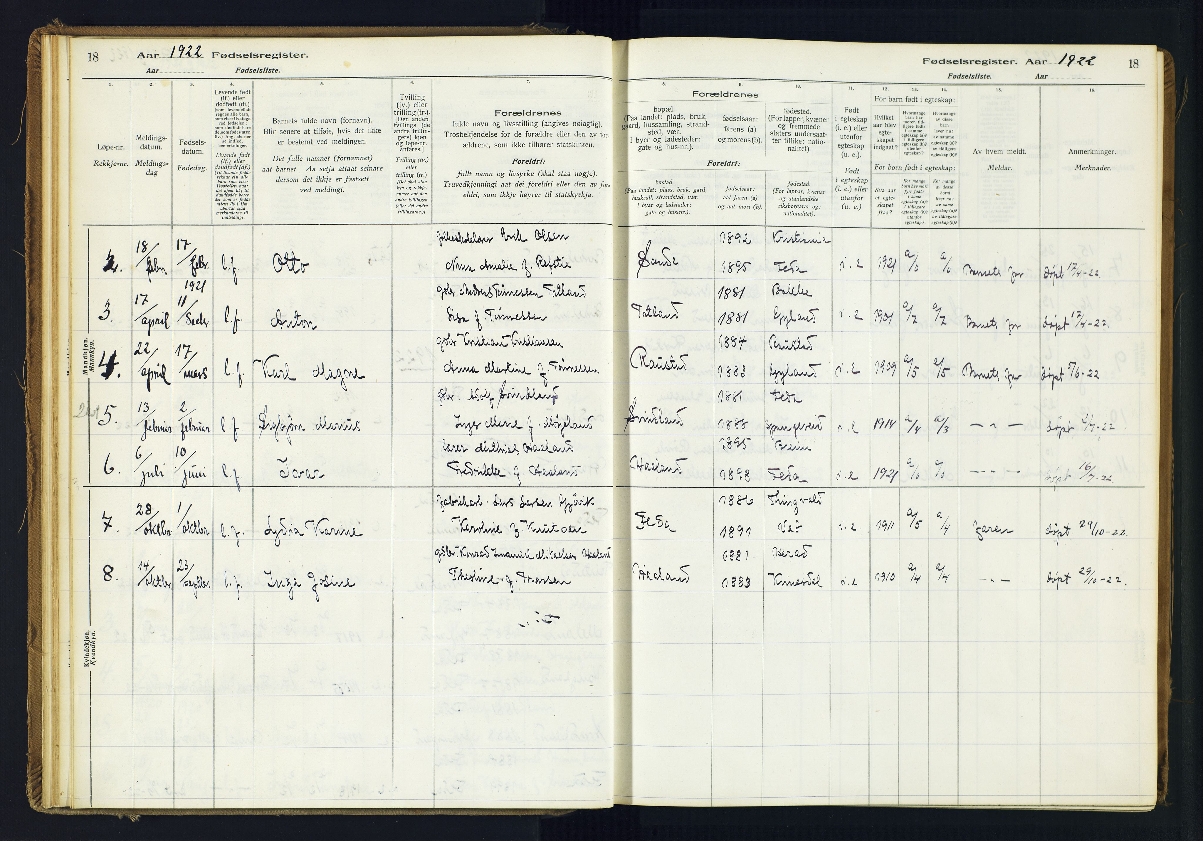 Kvinesdal sokneprestkontor, AV/SAK-1111-0026/J/Ja/L0005: Birth register no. 5, 1916-1982, p. 18