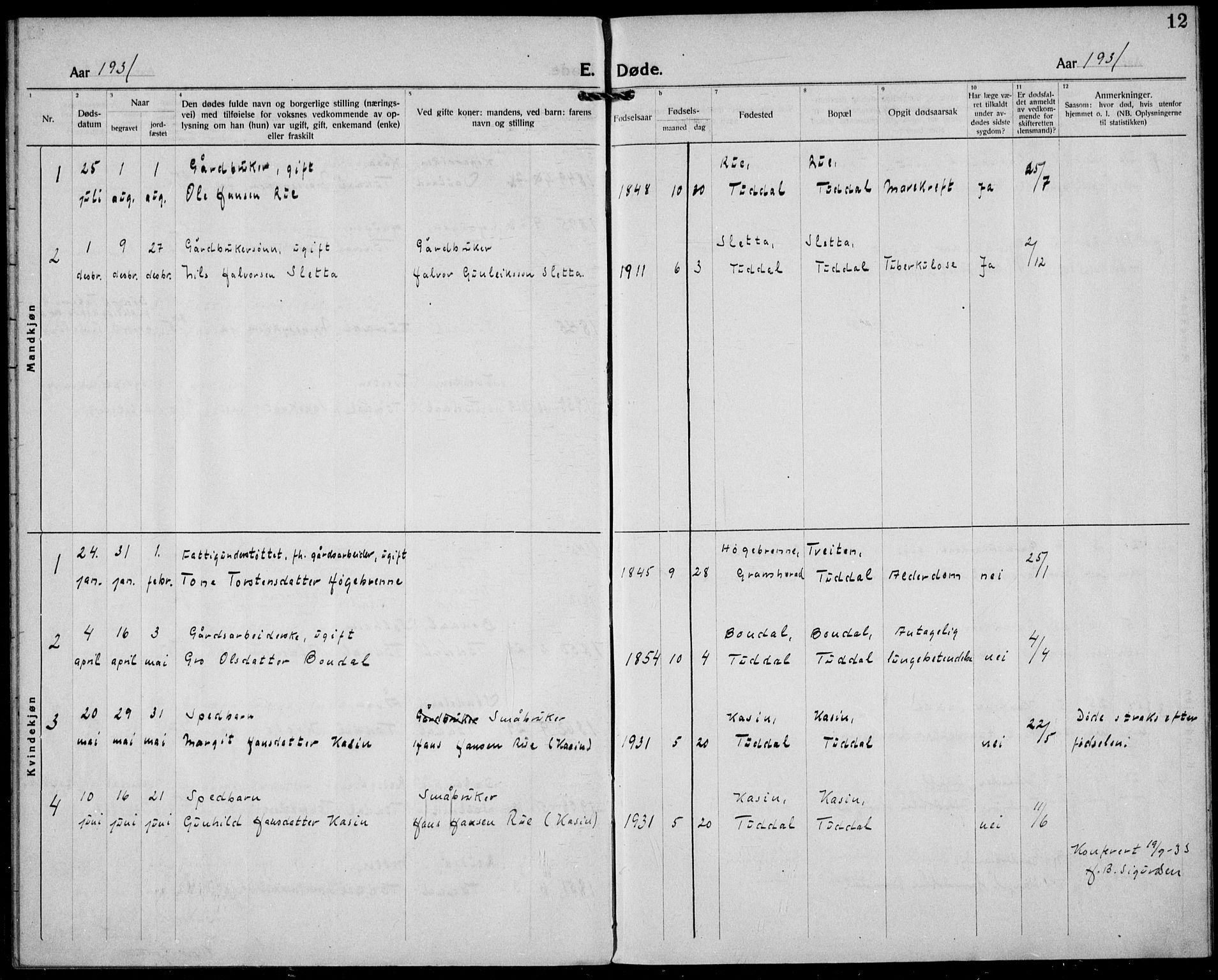 Hjartdal kirkebøker, SAKO/A-270/F/Fc/L0004: Parish register (official) no. III 4, 1923-1936, p. 12