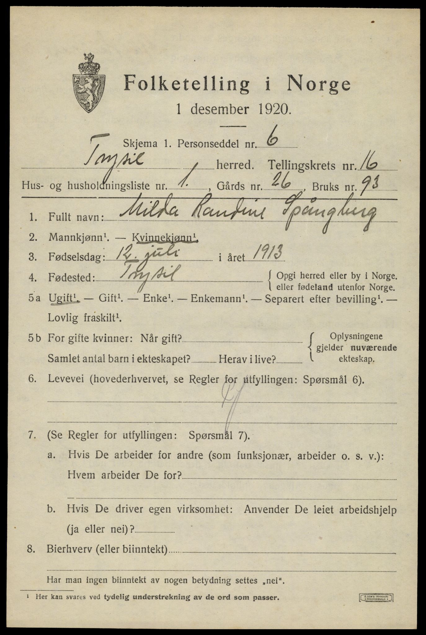 SAH, 1920 census for Trysil, 1920, p. 9431
