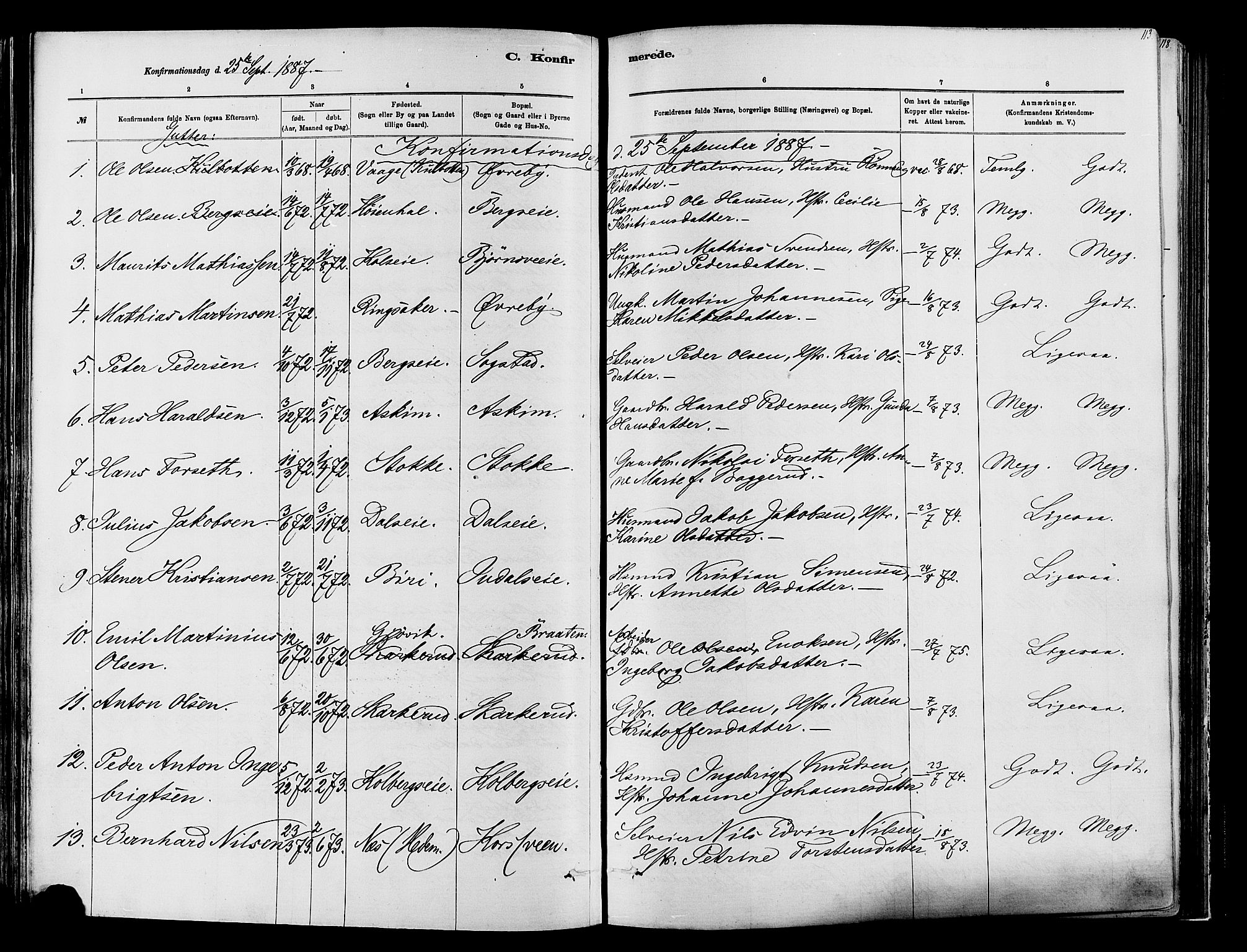 Vardal prestekontor, SAH/PREST-100/H/Ha/Haa/L0009: Parish register (official) no. 9, 1878-1892, p. 113