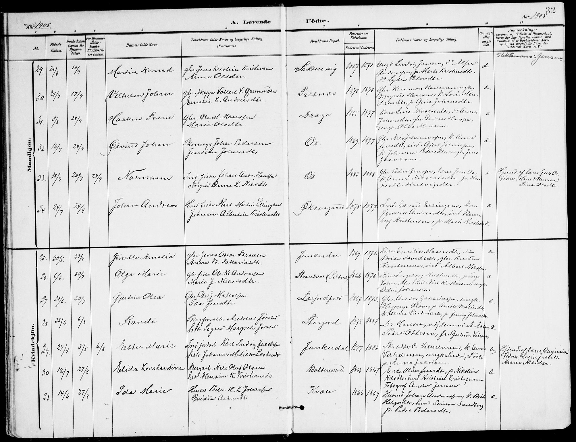 Ministerialprotokoller, klokkerbøker og fødselsregistre - Nordland, AV/SAT-A-1459/847/L0672: Parish register (official) no. 847A12, 1902-1919, p. 32