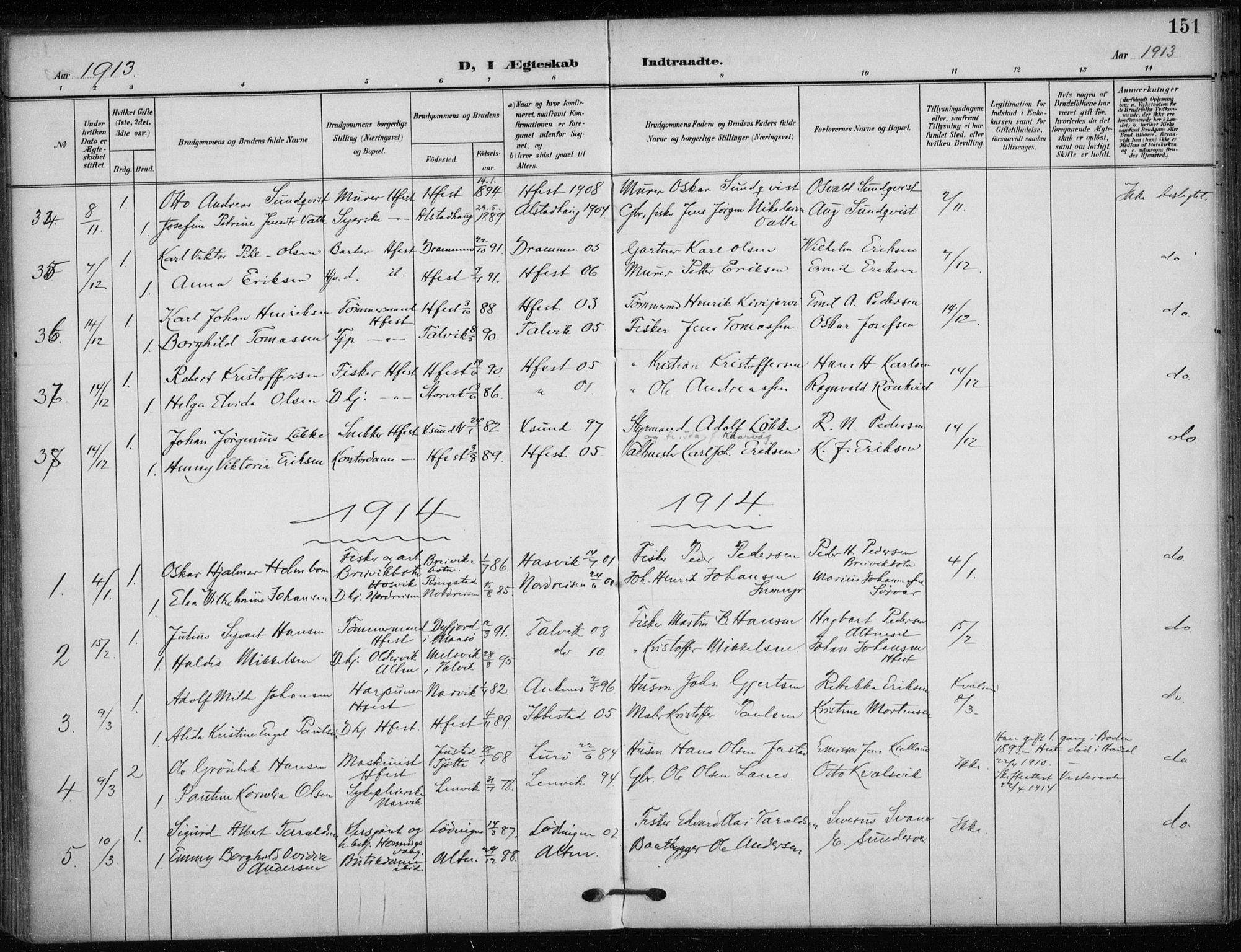Hammerfest sokneprestkontor, SATØ/S-1347/H/Ha/L0014.kirke: Parish register (official) no. 14, 1906-1916, p. 151