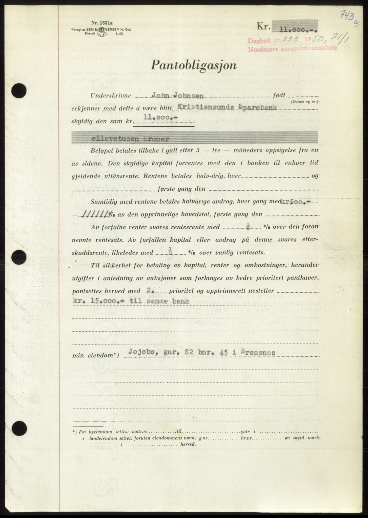 Nordmøre sorenskriveri, AV/SAT-A-4132/1/2/2Ca: Mortgage book no. B103, 1949-1950, Diary no: : 222/1950