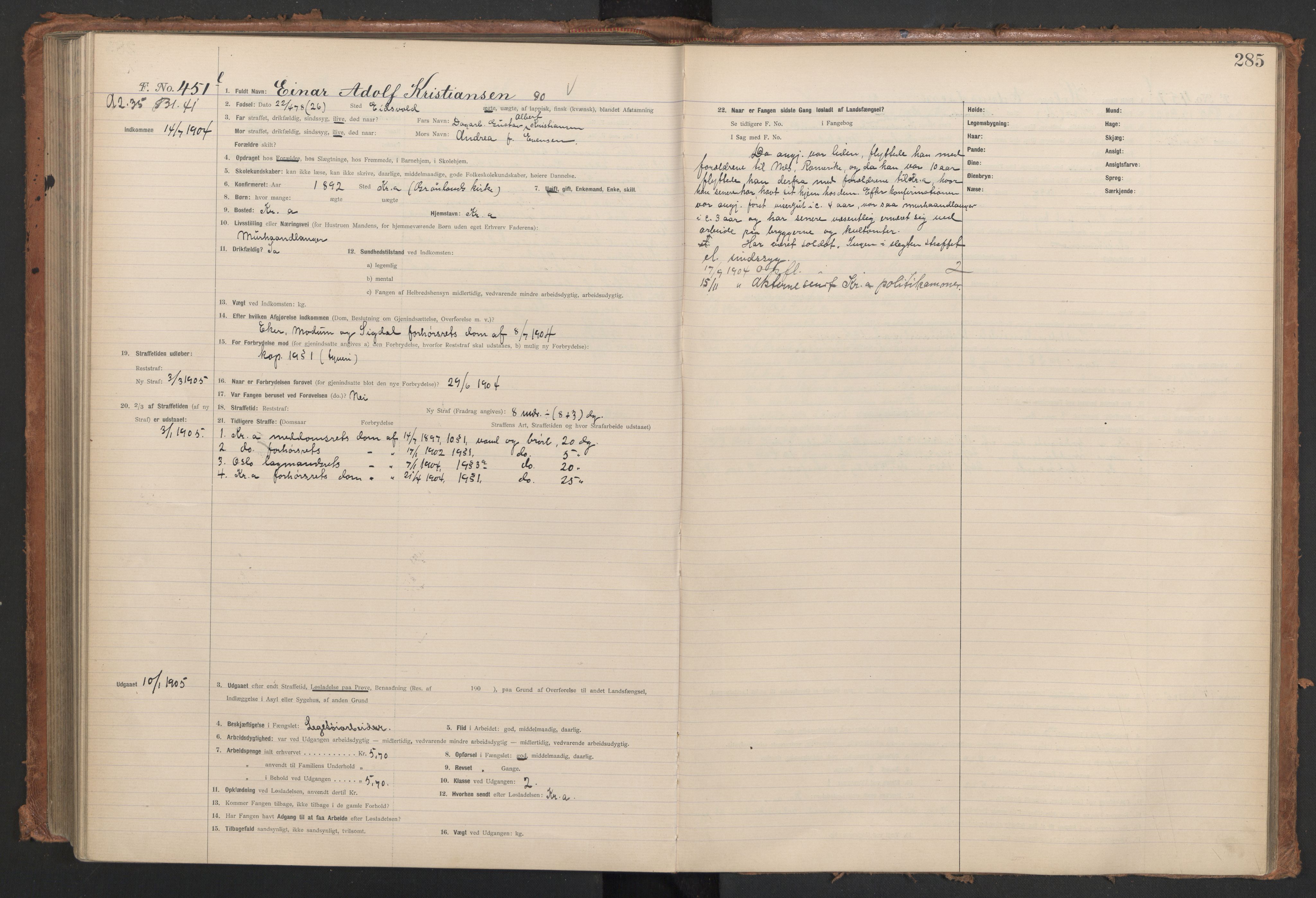 Botsfengslet, AV/RA-S-1539/D/Db/Dbb/L0038: 167l - 478l, 1903-1904, p. 285