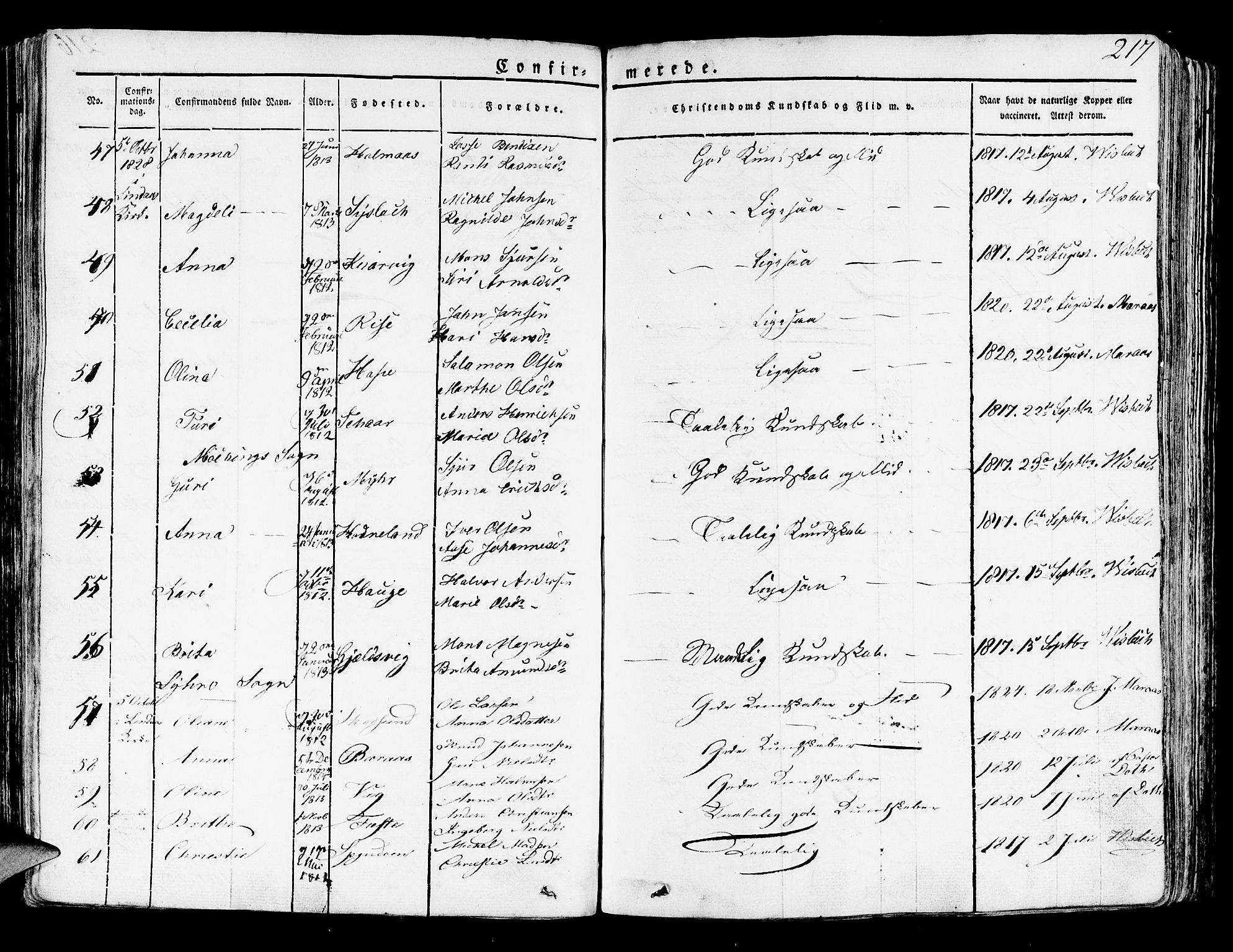 Lindås Sokneprestembete, AV/SAB-A-76701/H/Haa/Haaa/L0008: Parish register (official) no. A 8, 1823-1836, p. 217