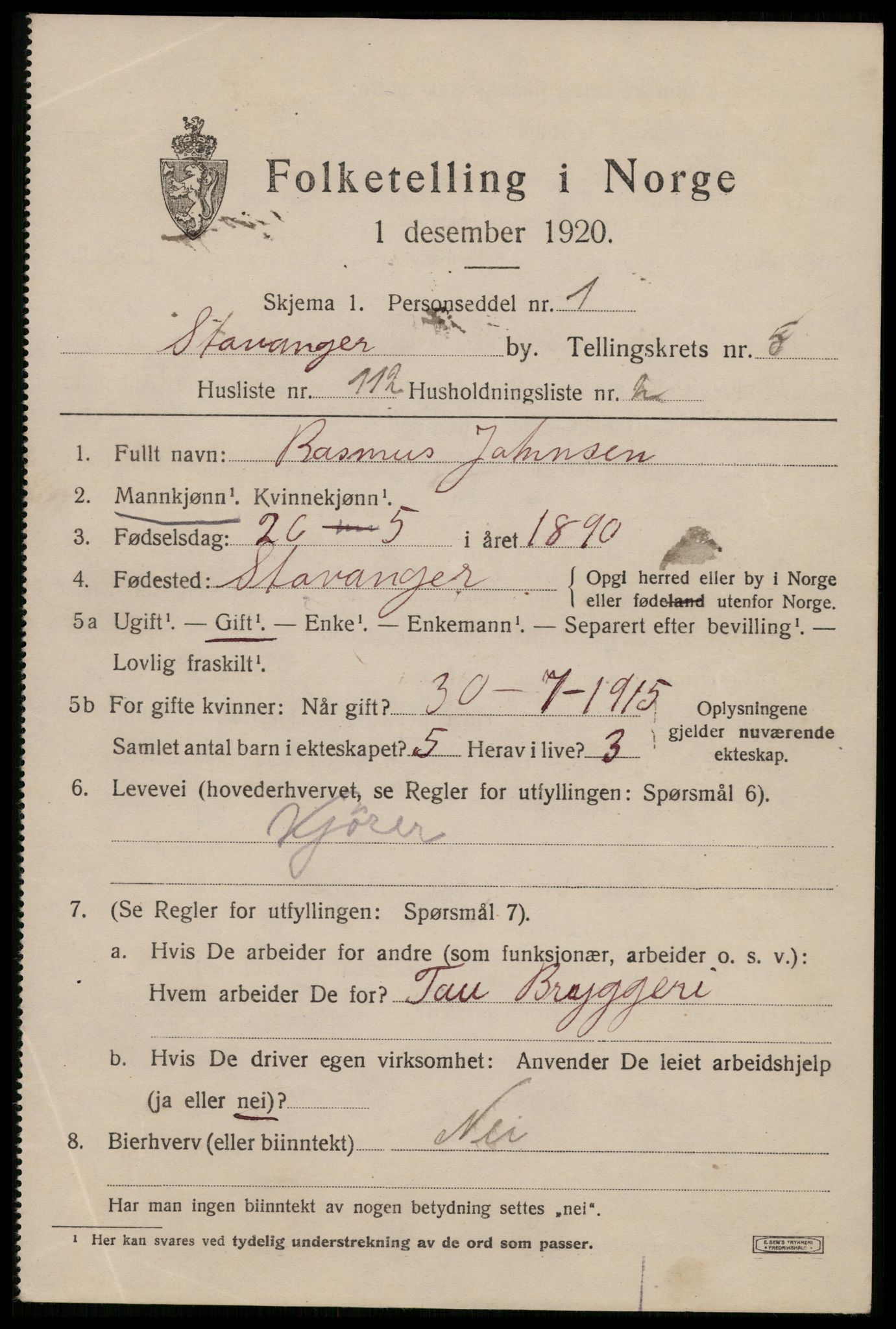 SAST, 1920 census for Stavanger, 1920, p. 42178