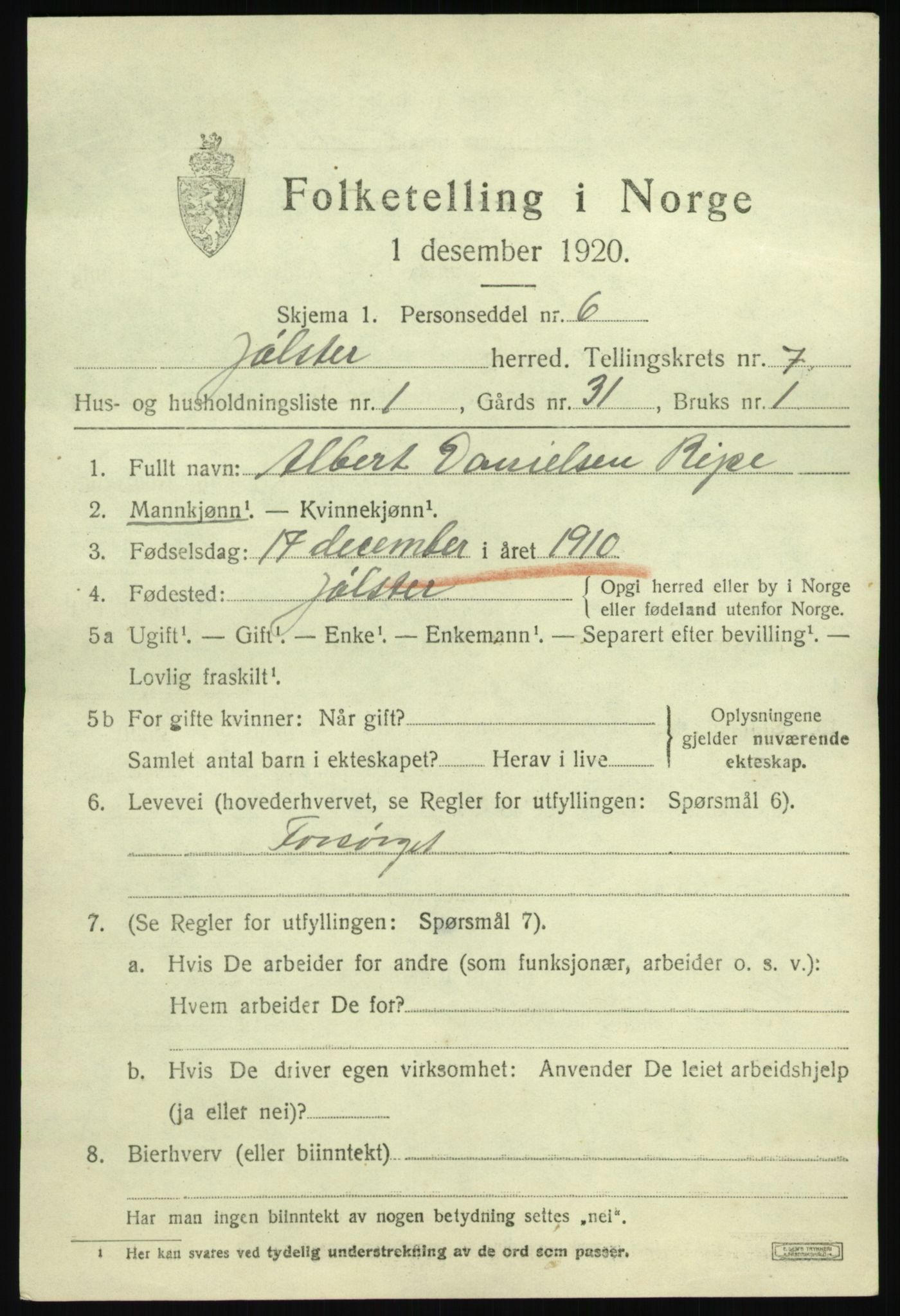 SAB, 1920 census for Jølster, 1920, p. 3590