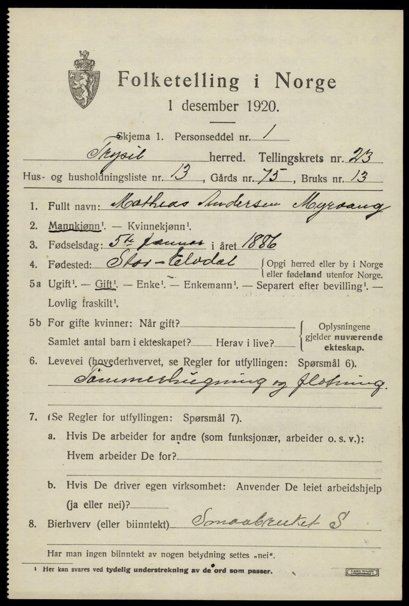 SAH, 1920 census for Trysil, 1920, p. 14981