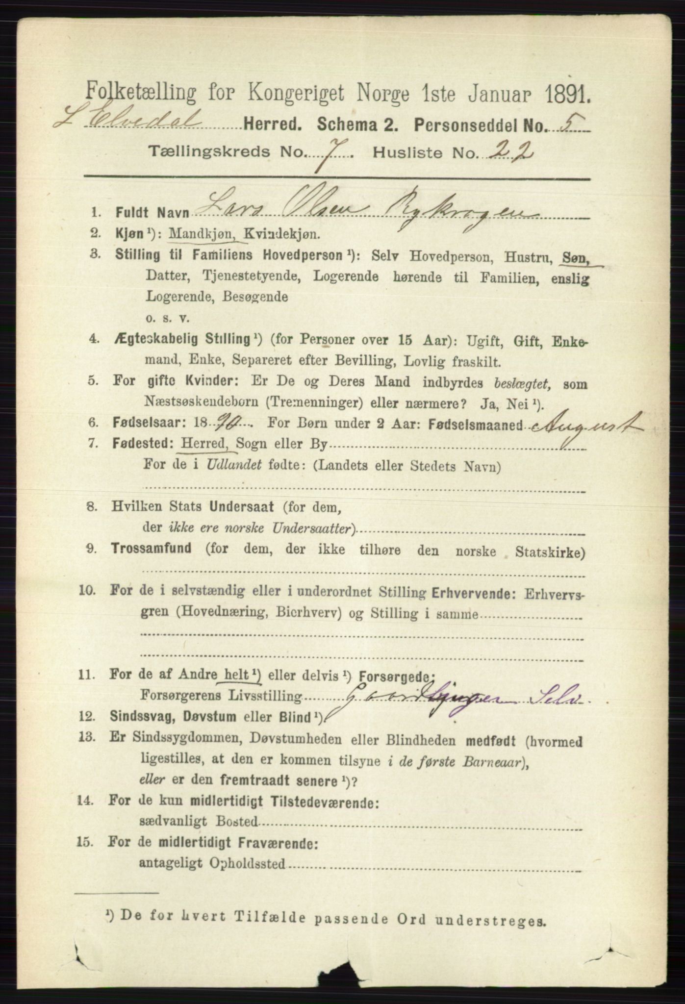 RA, 1891 census for 0438 Lille Elvedalen, 1891, p. 2423