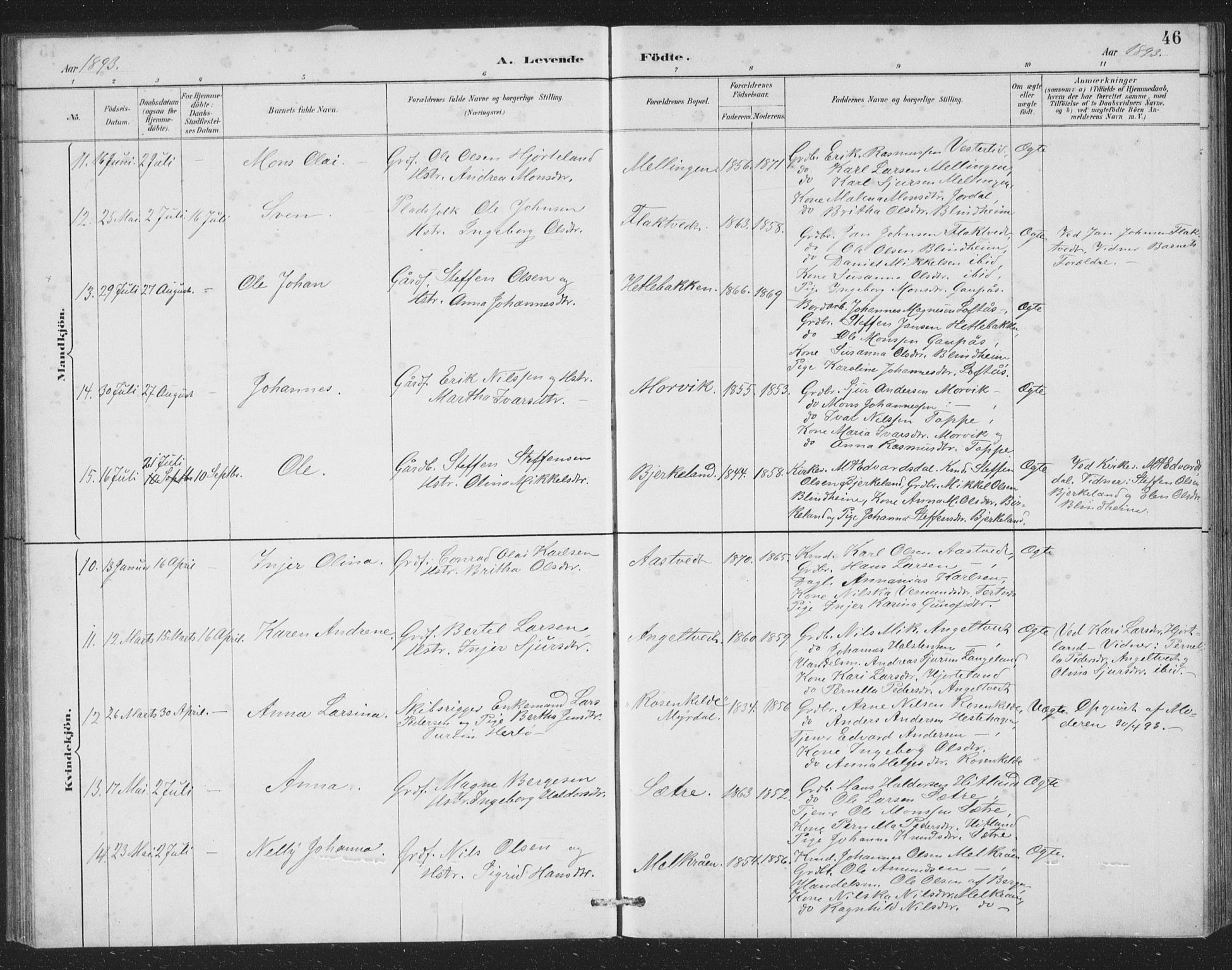 Åsane sokneprestembete, SAB/A-79401/H/Hab: Parish register (copy) no. A 2, 1885-1898, p. 46