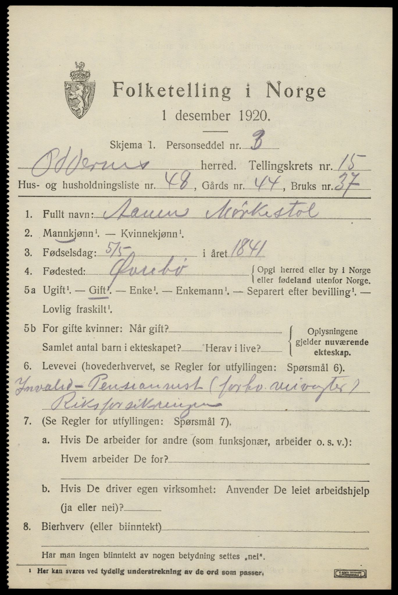 SAK, 1920 census for Oddernes, 1920, p. 10571