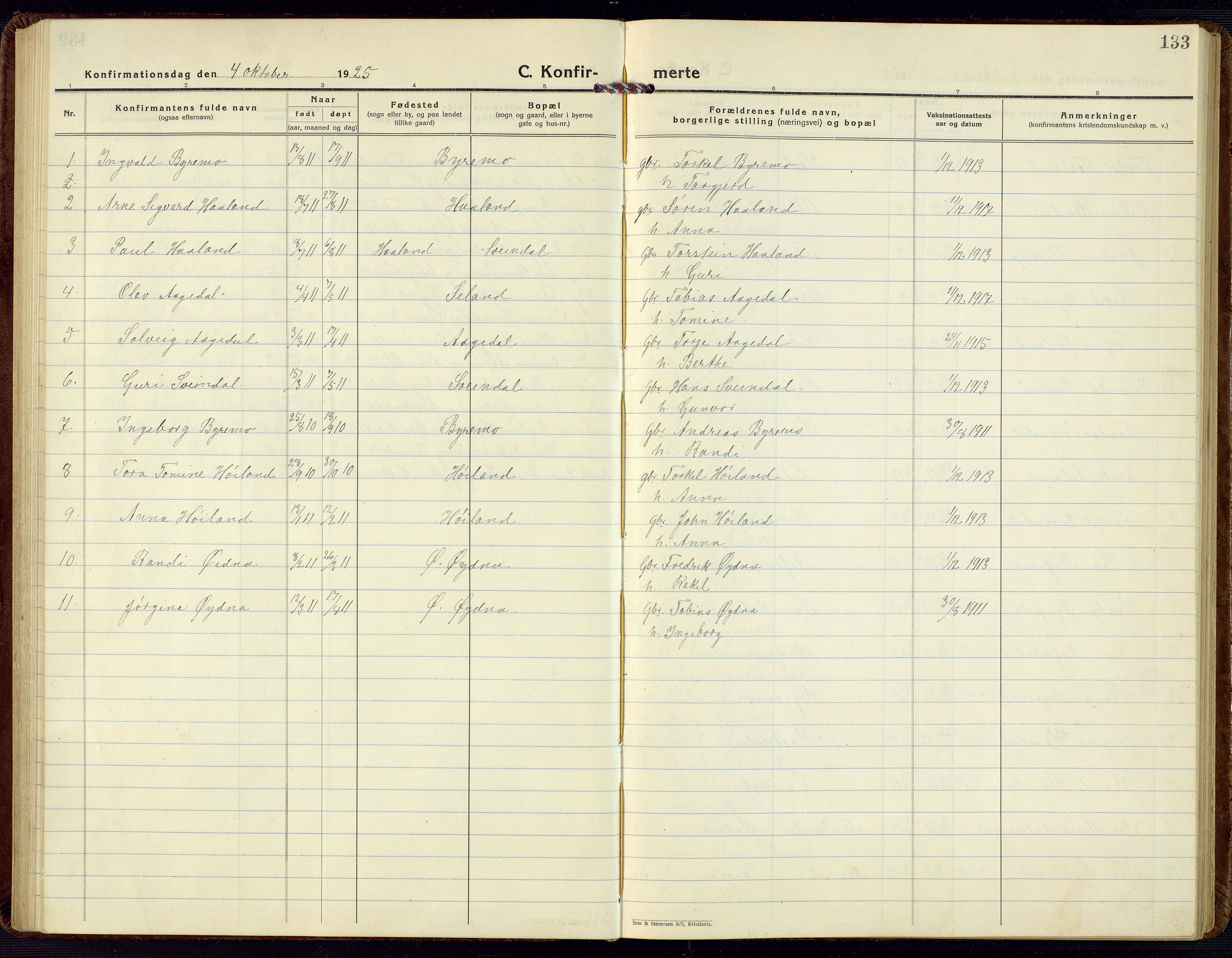 Bjelland sokneprestkontor, SAK/1111-0005/F/Fb/Fbc/L0004: Parish register (copy) no. B 4, 1921-1978, p. 133