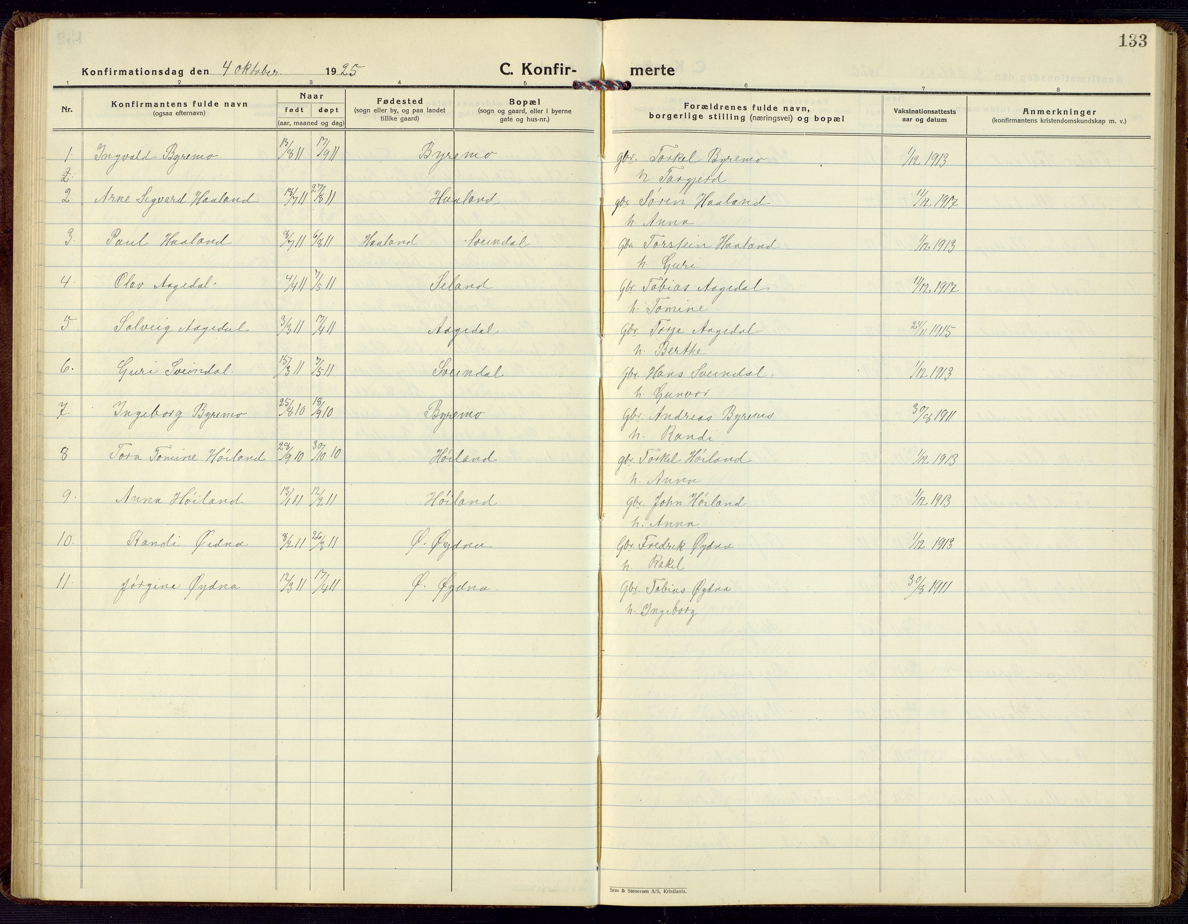 Bjelland sokneprestkontor, AV/SAK-1111-0005/F/Fb/Fbc/L0004: Parish register (copy) no. B 4, 1921-1978, p. 133