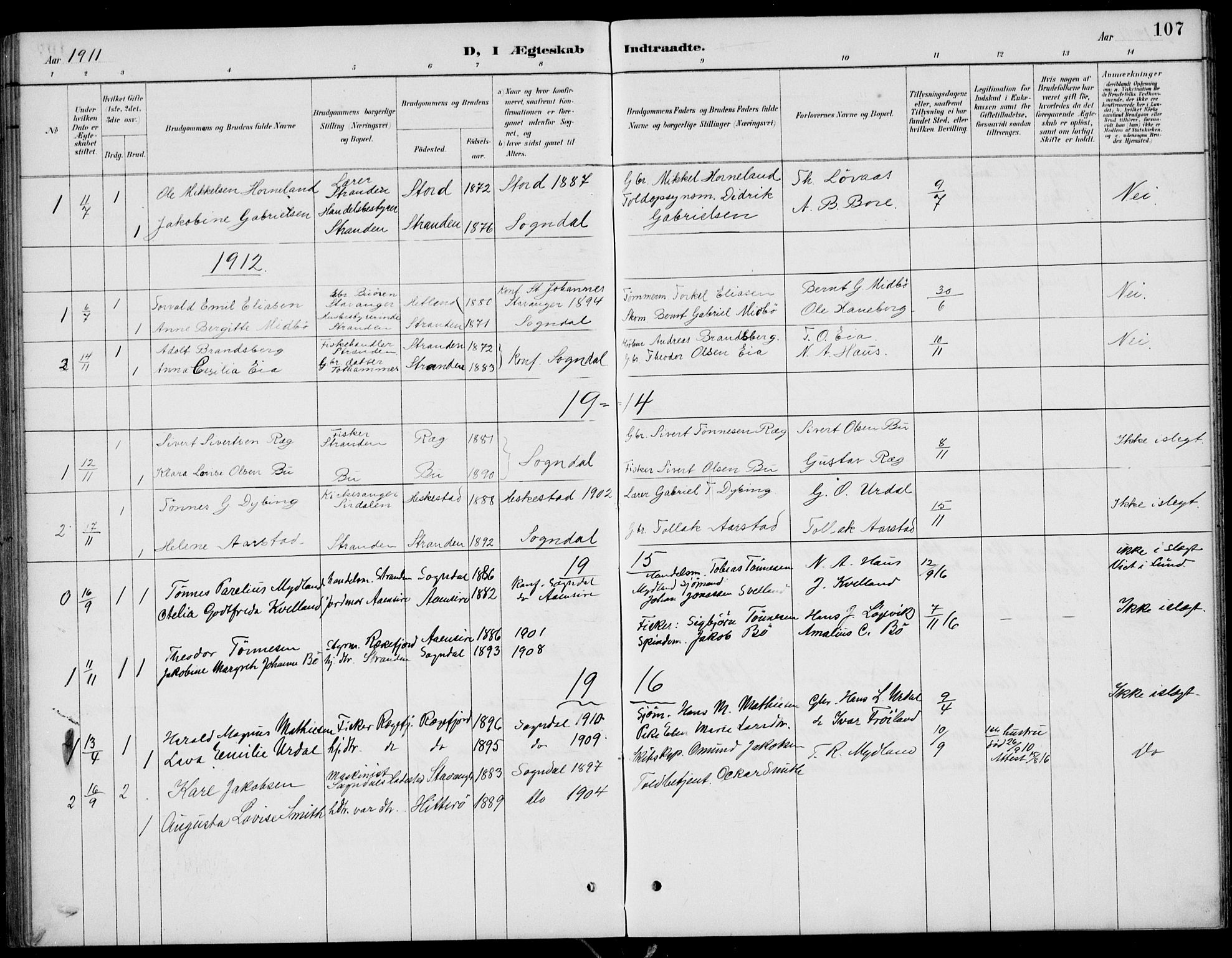 Sokndal sokneprestkontor, SAST/A-101808: Parish register (copy) no. B 5, 1887-1934, p. 107