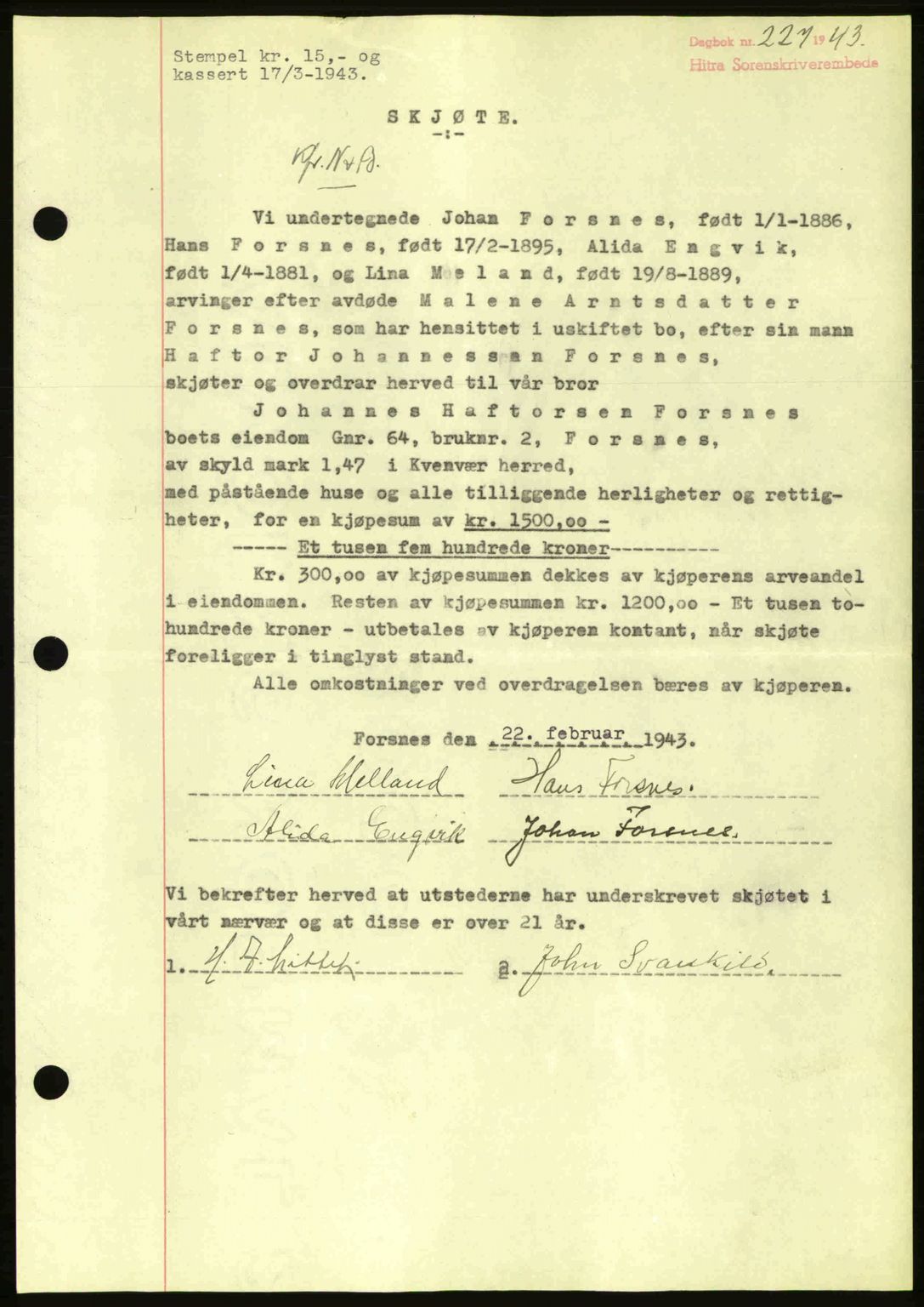 Hitra sorenskriveri, AV/SAT-A-0018/2/2C/2Ca: Mortgage book no. A2, 1943-1945, Diary no: : 227/1943