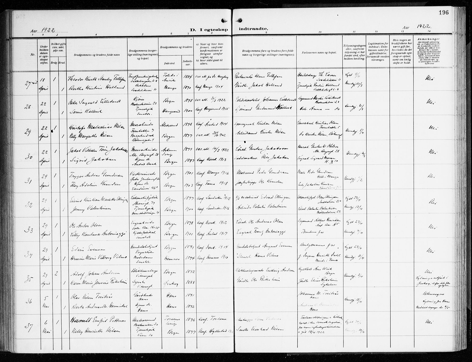 Årstad Sokneprestembete, AV/SAB-A-79301/H/Haa/L0004: Parish register (official) no. A 4, 1919-1928, p. 196